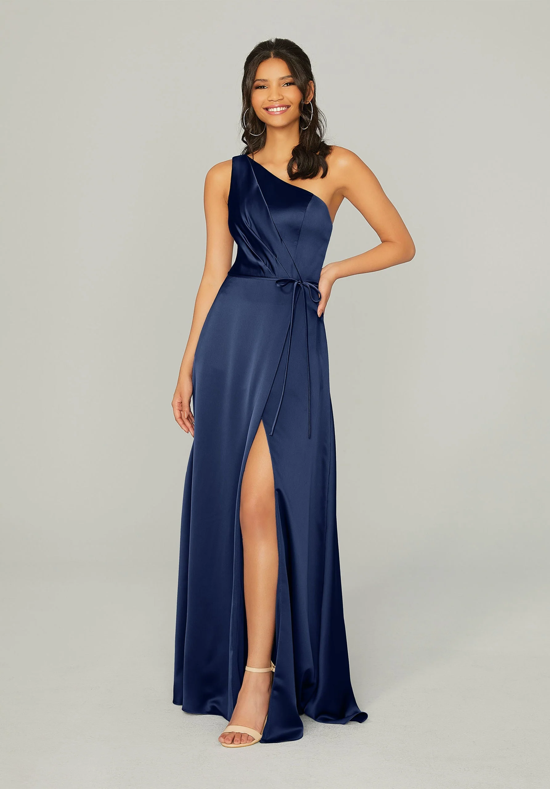 Draped Silky Satin Bridesmaid Dress with Tied Waist - Image 13