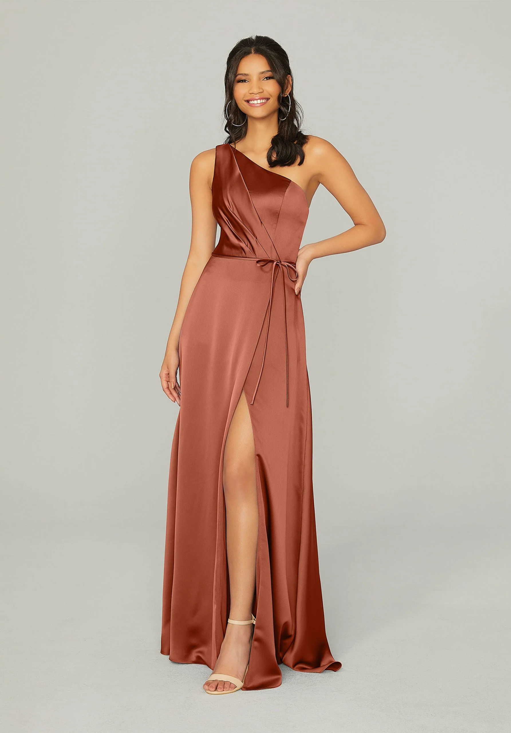 Draped Silky Satin Bridesmaid Dress with Tied Waist - Image 14