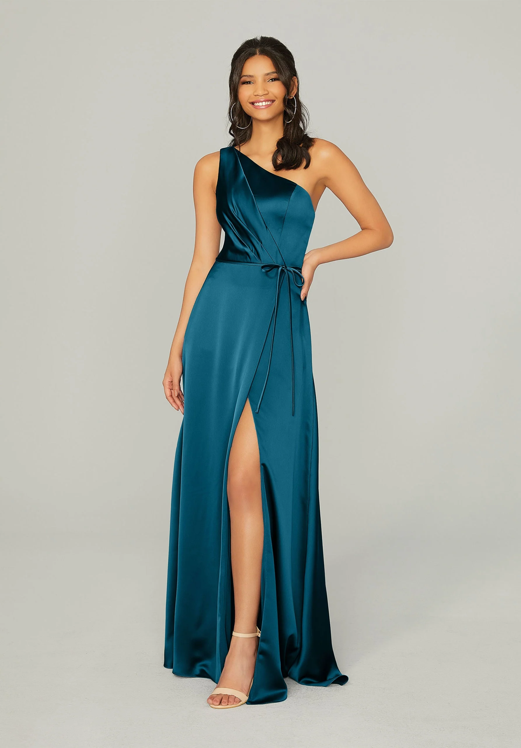 Draped Silky Satin Bridesmaid Dress with Tied Waist - Image 15
