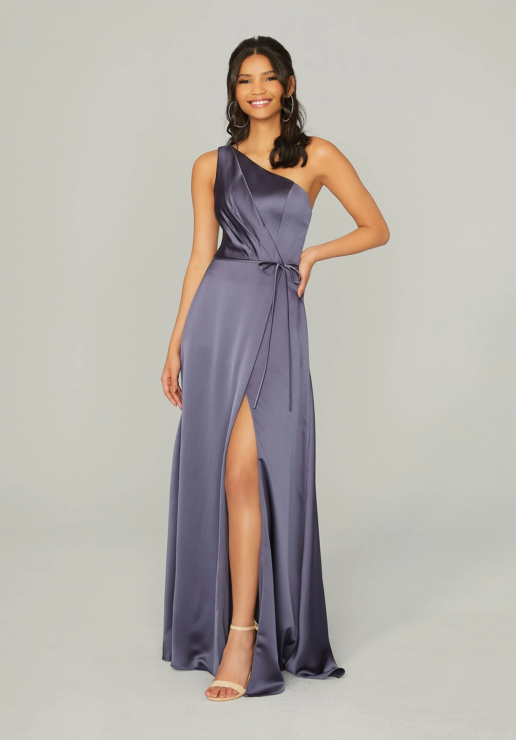 Draped Silky Satin Bridesmaid Dress with Tied Waist - Image 4