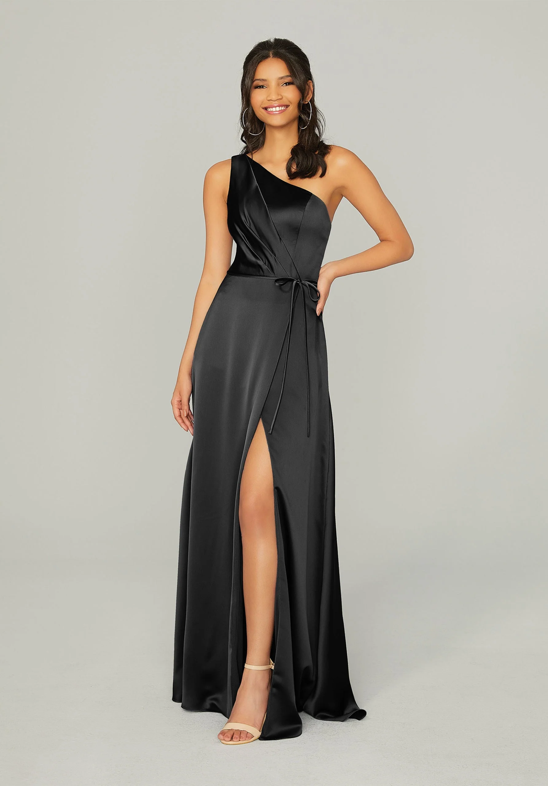 Draped Silky Satin Bridesmaid Dress with Tied Waist - Image 5
