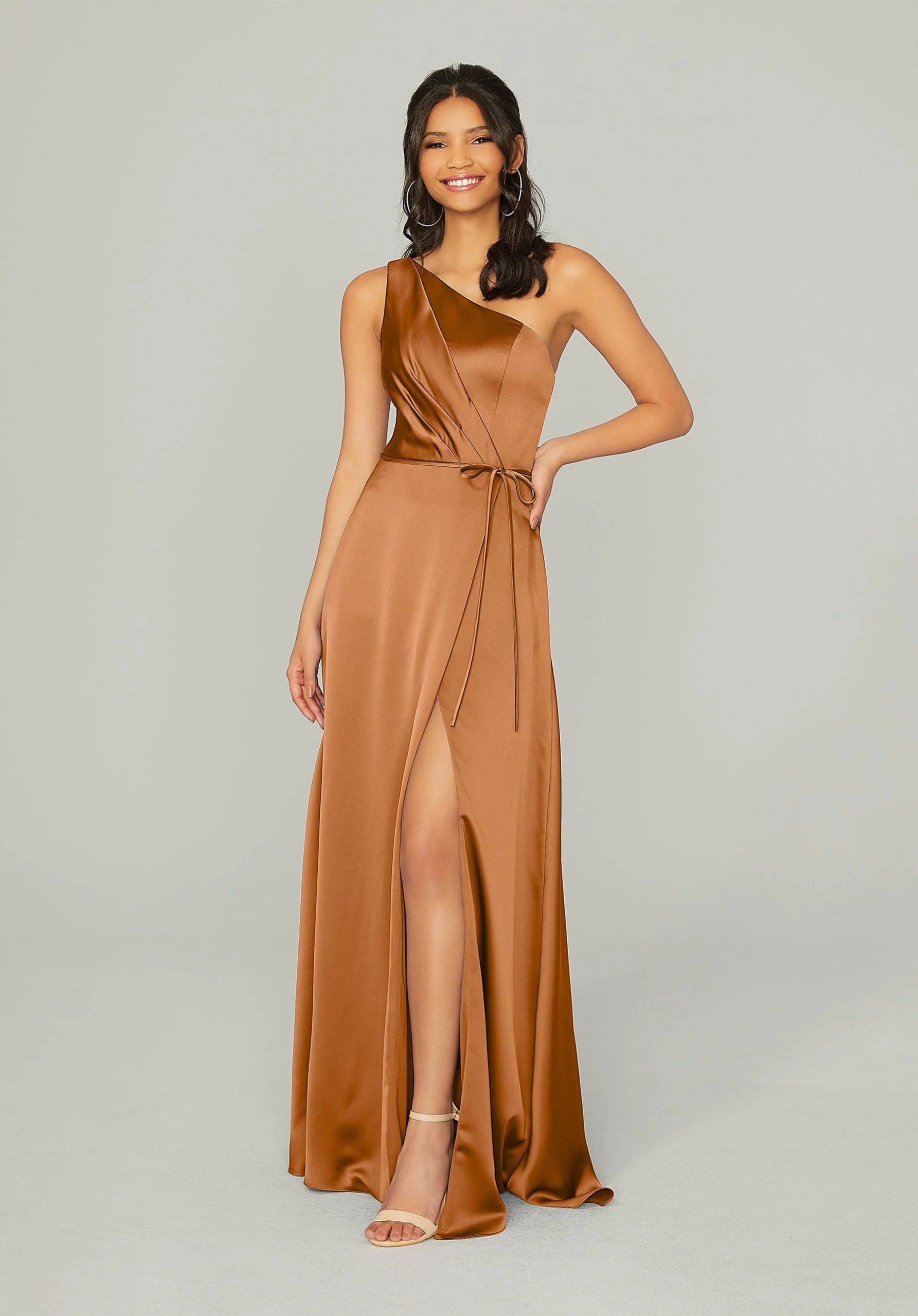 Draped Silky Satin Bridesmaid Dress with Tied Waist - Image 6