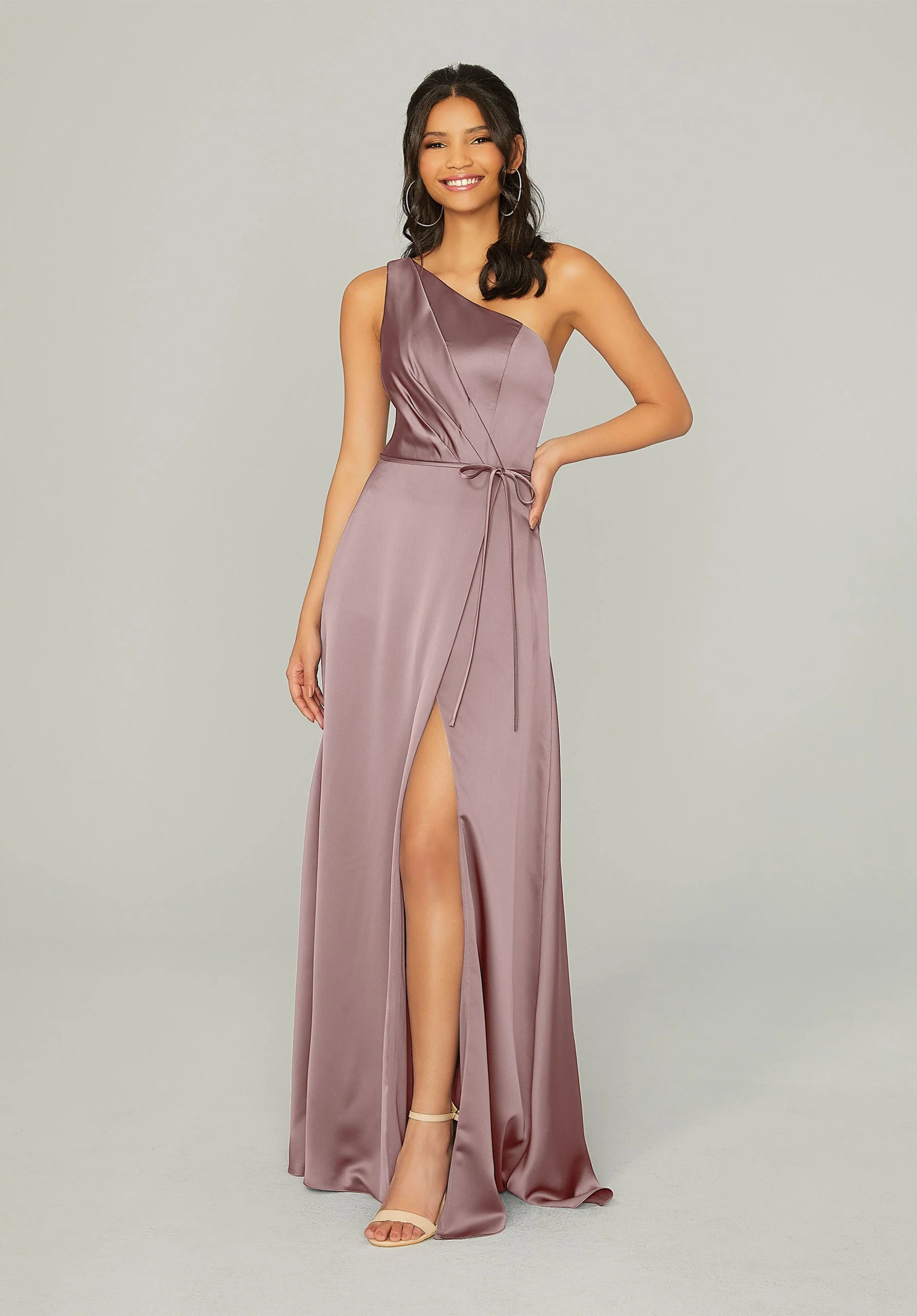 Draped Silky Satin Bridesmaid Dress with Tied Waist - Image 7