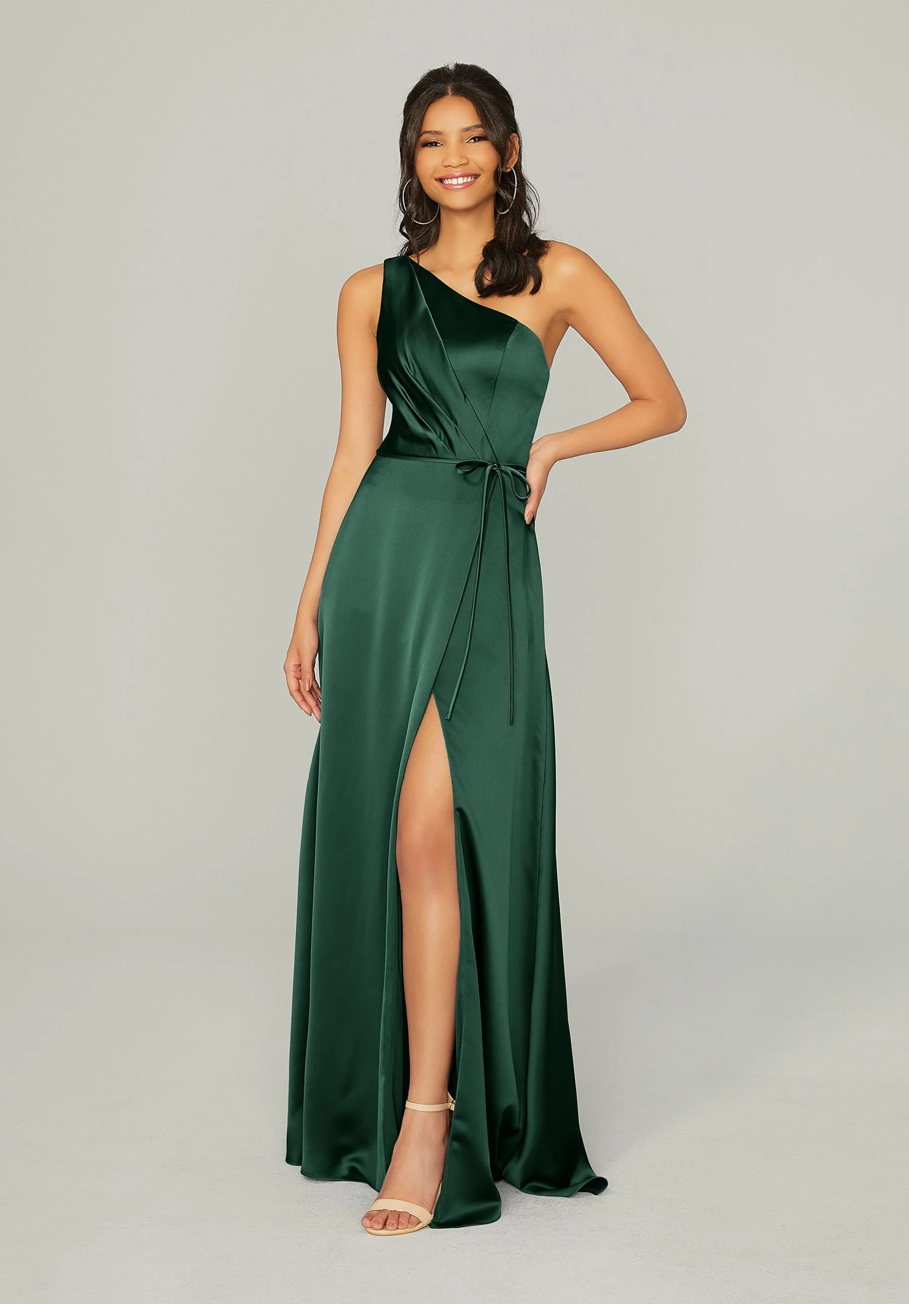 Draped Silky Satin Bridesmaid Dress with Tied Waist - Image 8