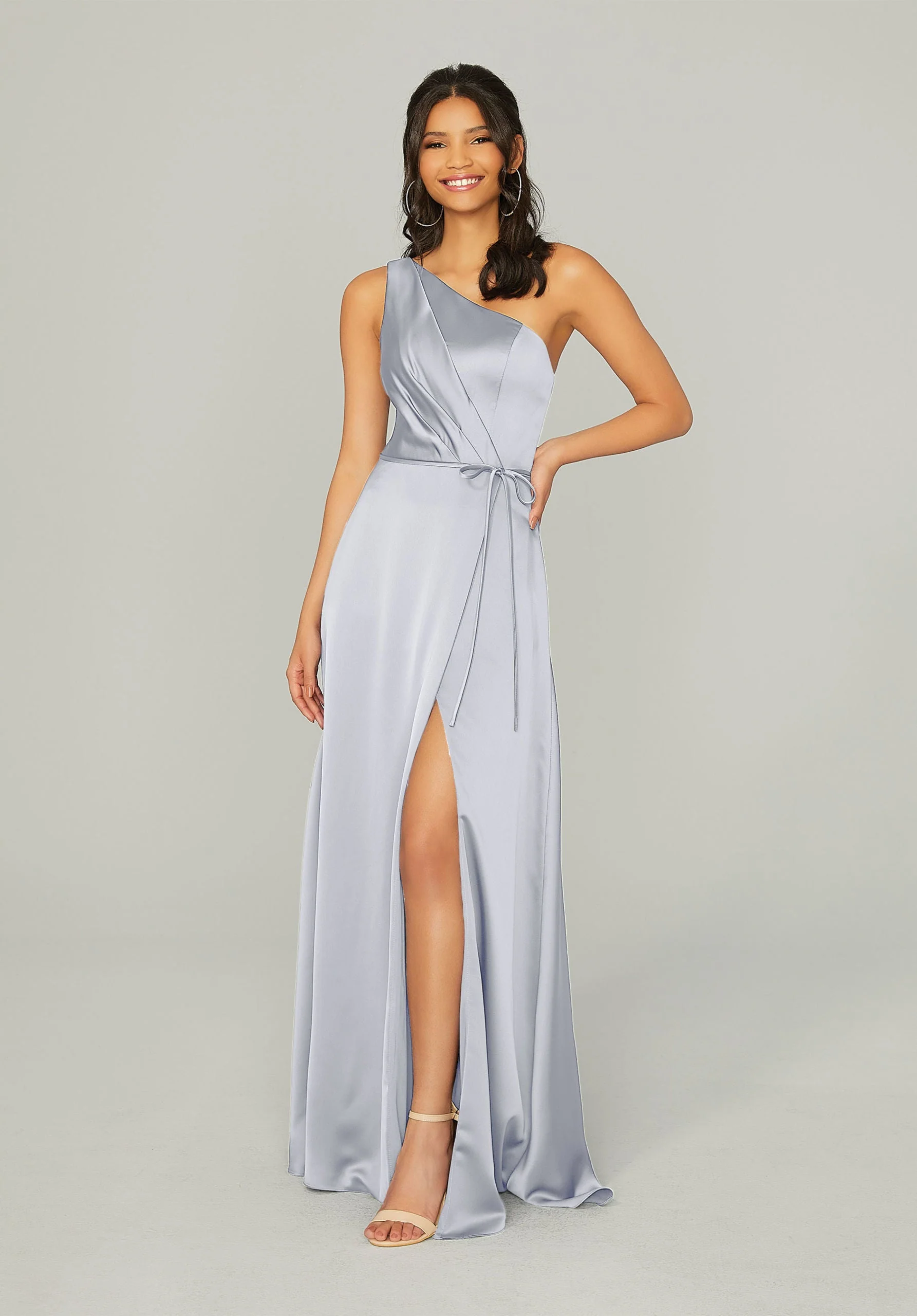 Draped Silky Satin Bridesmaid Dress with Tied Waist - Image 9