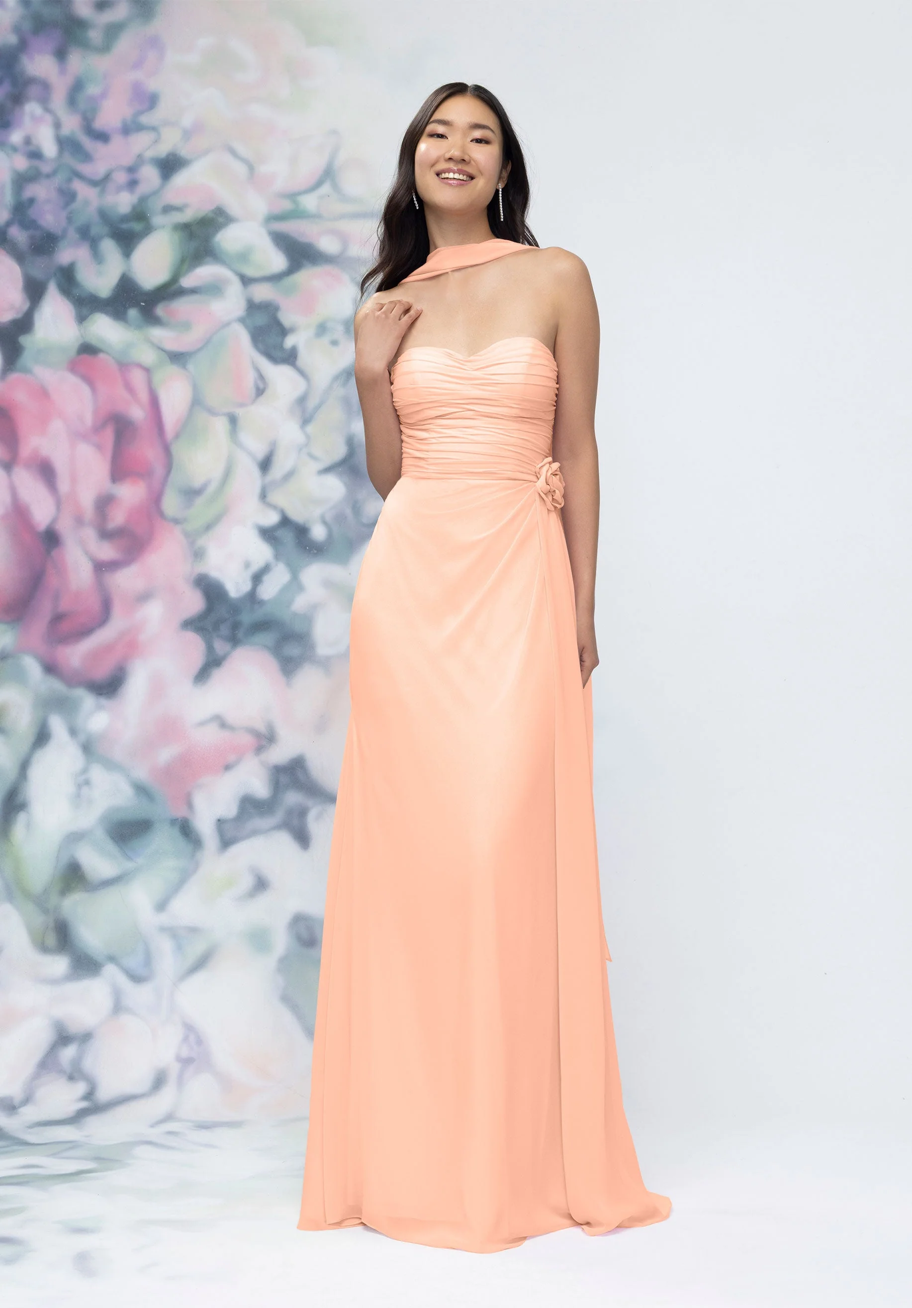 Draped Strapless Sweetheart Bridesmaid Dress with Detachable Rosette and Scarf - Image 10