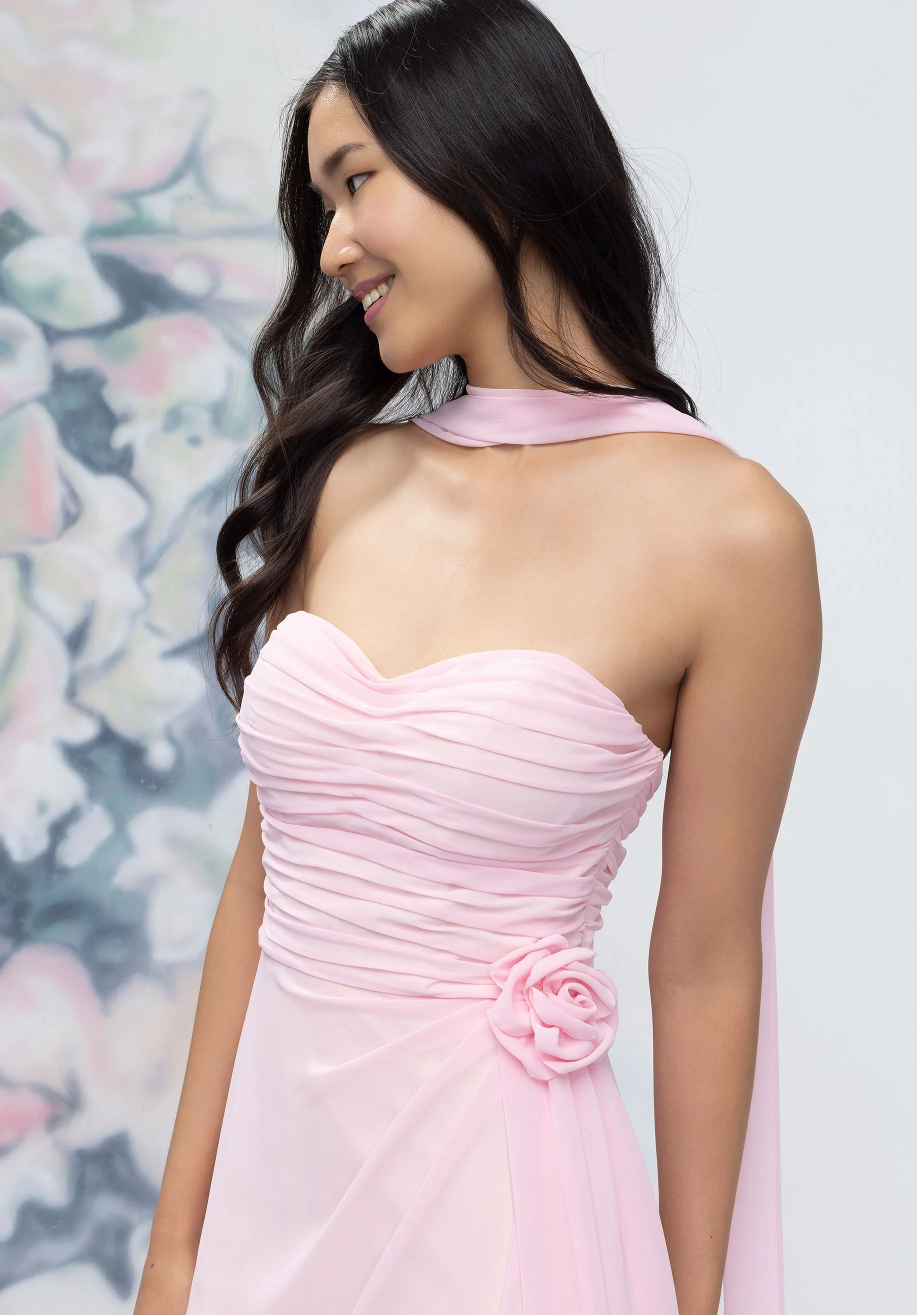 Draped Strapless Sweetheart Bridesmaid Dress with Detachable Rosette and Scarf - Image 2