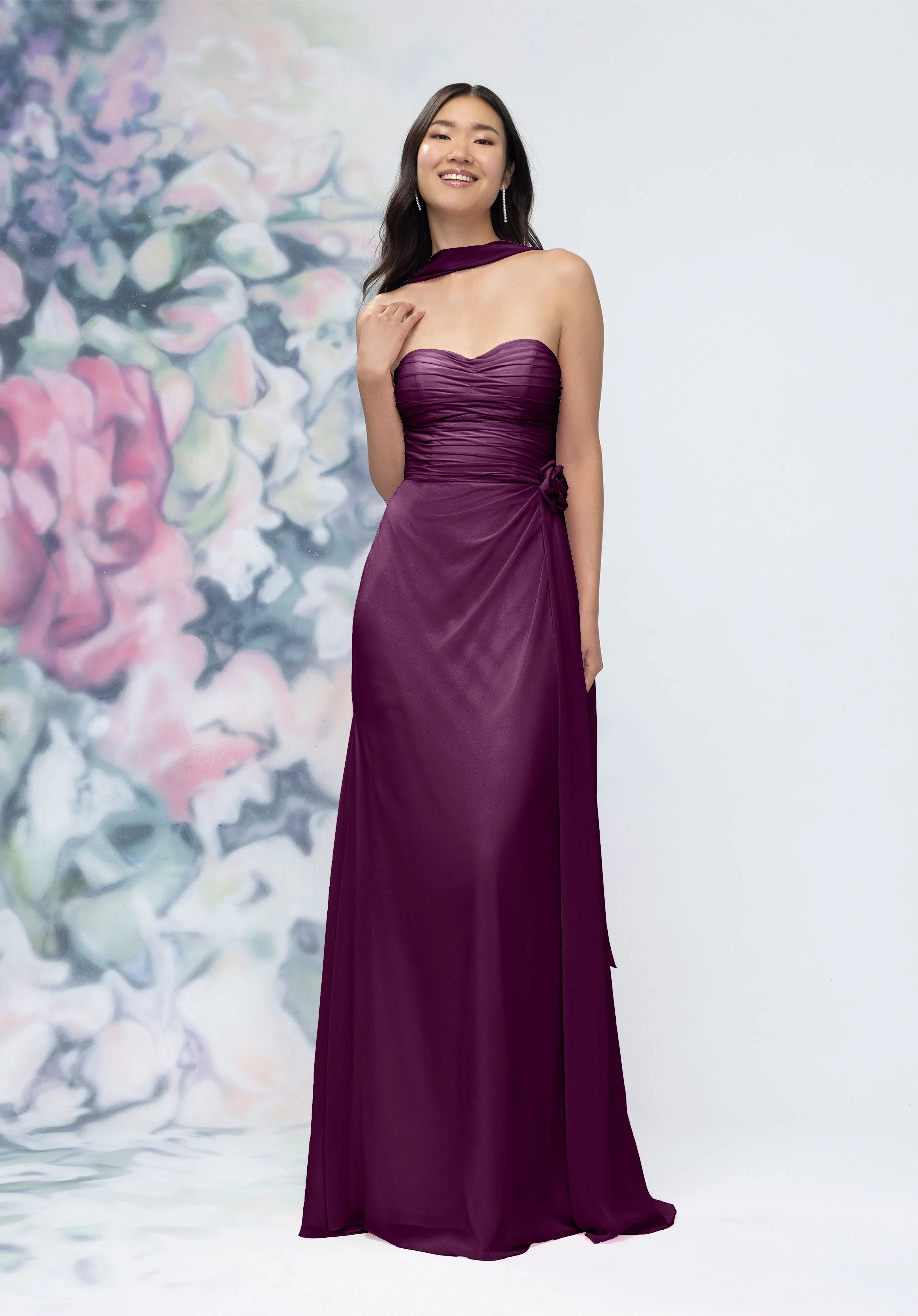 Draped Strapless Sweetheart Bridesmaid Dress with Detachable Rosette and Scarf - Image 24