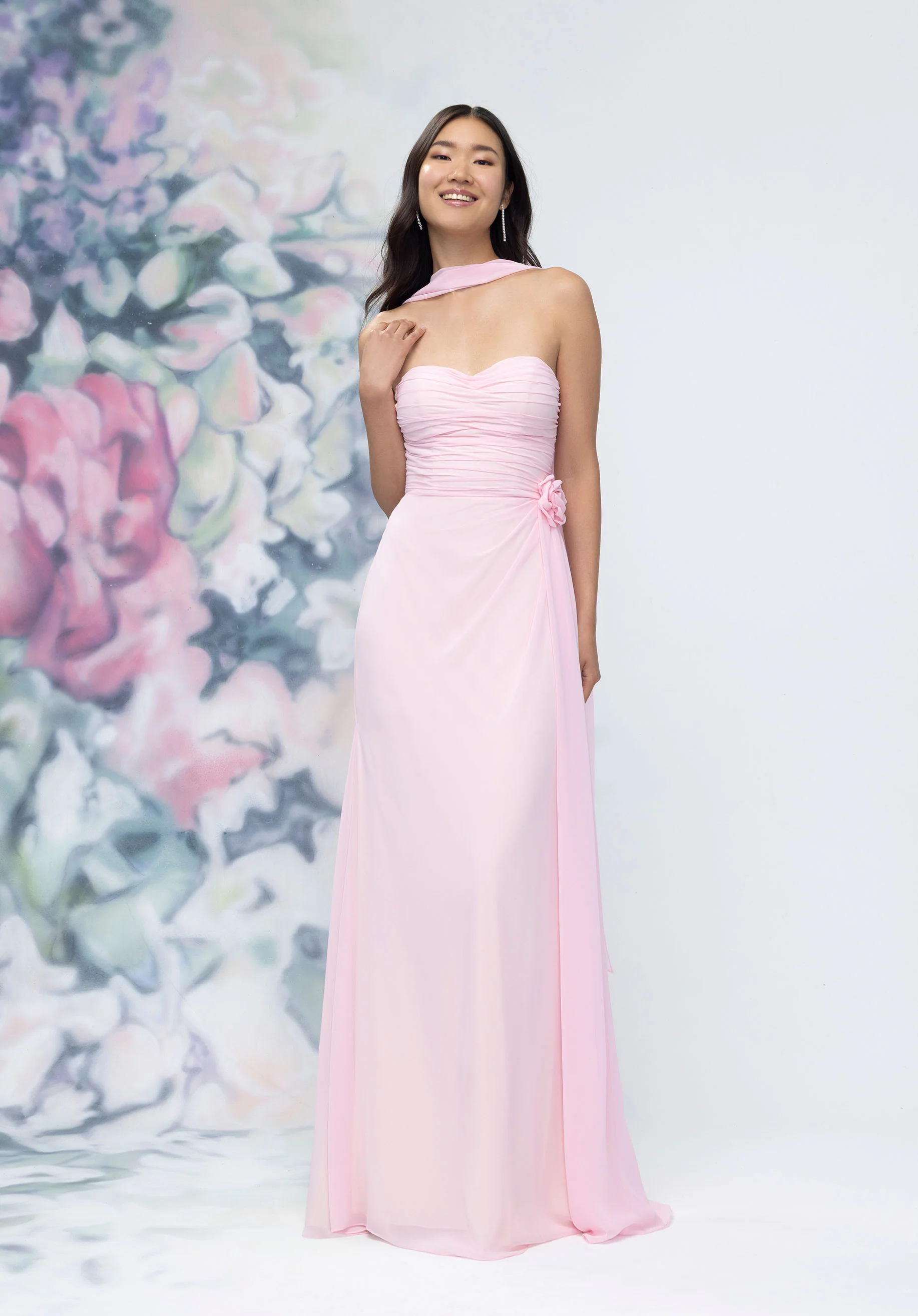 Draped Strapless Sweetheart Bridesmaid Dress with Detachable Rosette and Scarf - Image 3