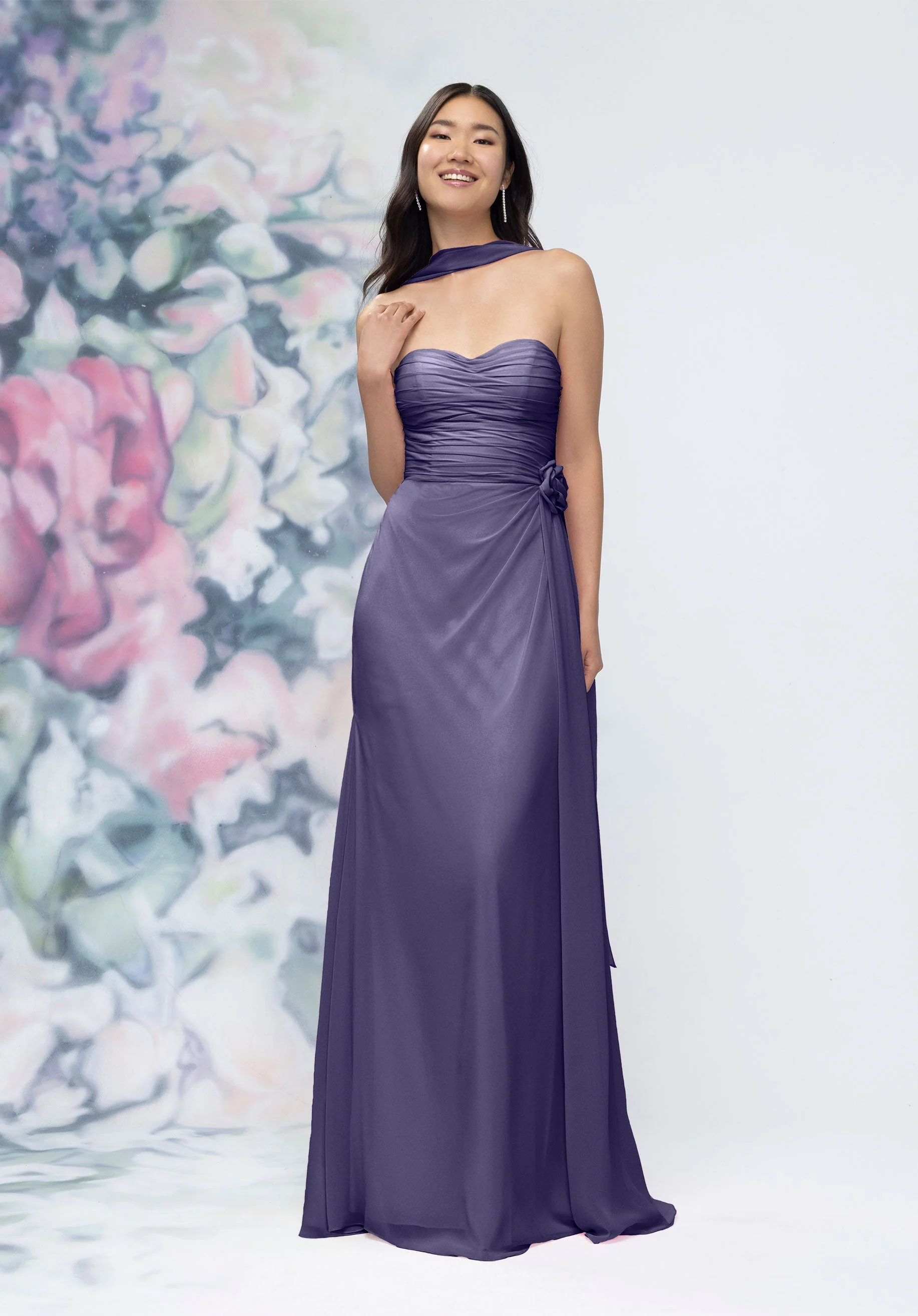 Draped Strapless Sweetheart Bridesmaid Dress with Detachable Rosette and Scarf - Image 50