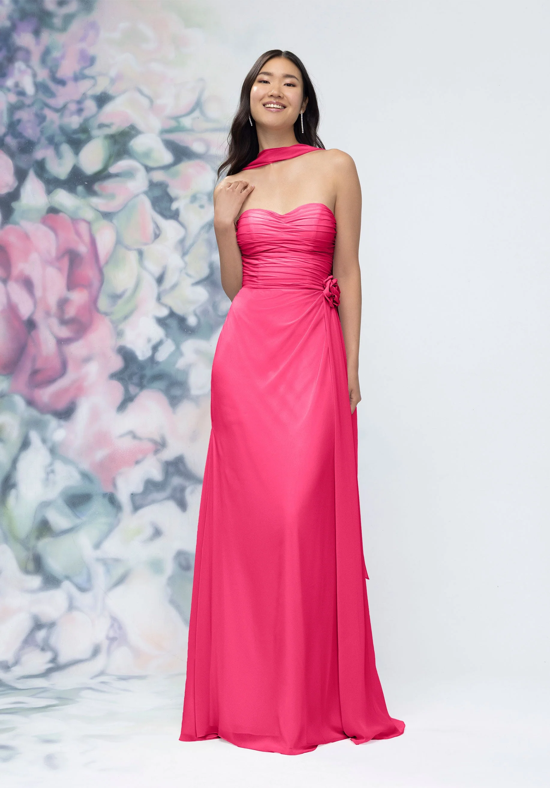 Draped Strapless Sweetheart Bridesmaid Dress with Detachable Rosette and Scarf - Image 7