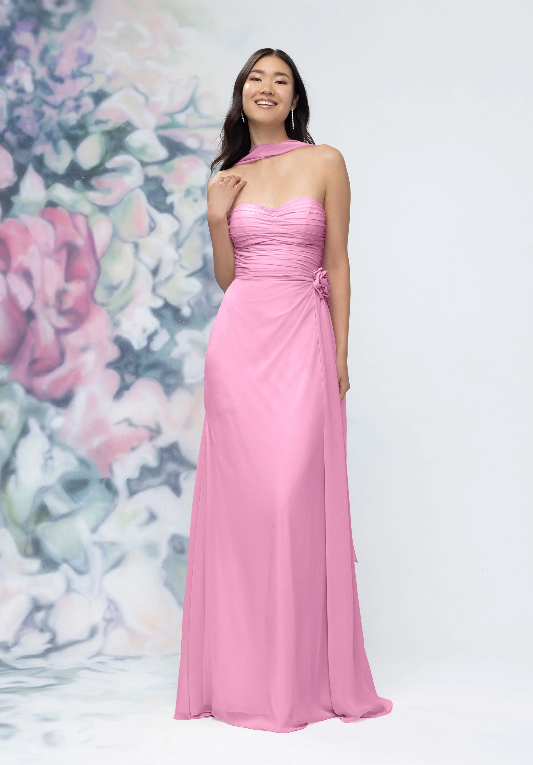 Draped Strapless Sweetheart Bridesmaid Dress with Detachable Rosette and Scarf - Image 9