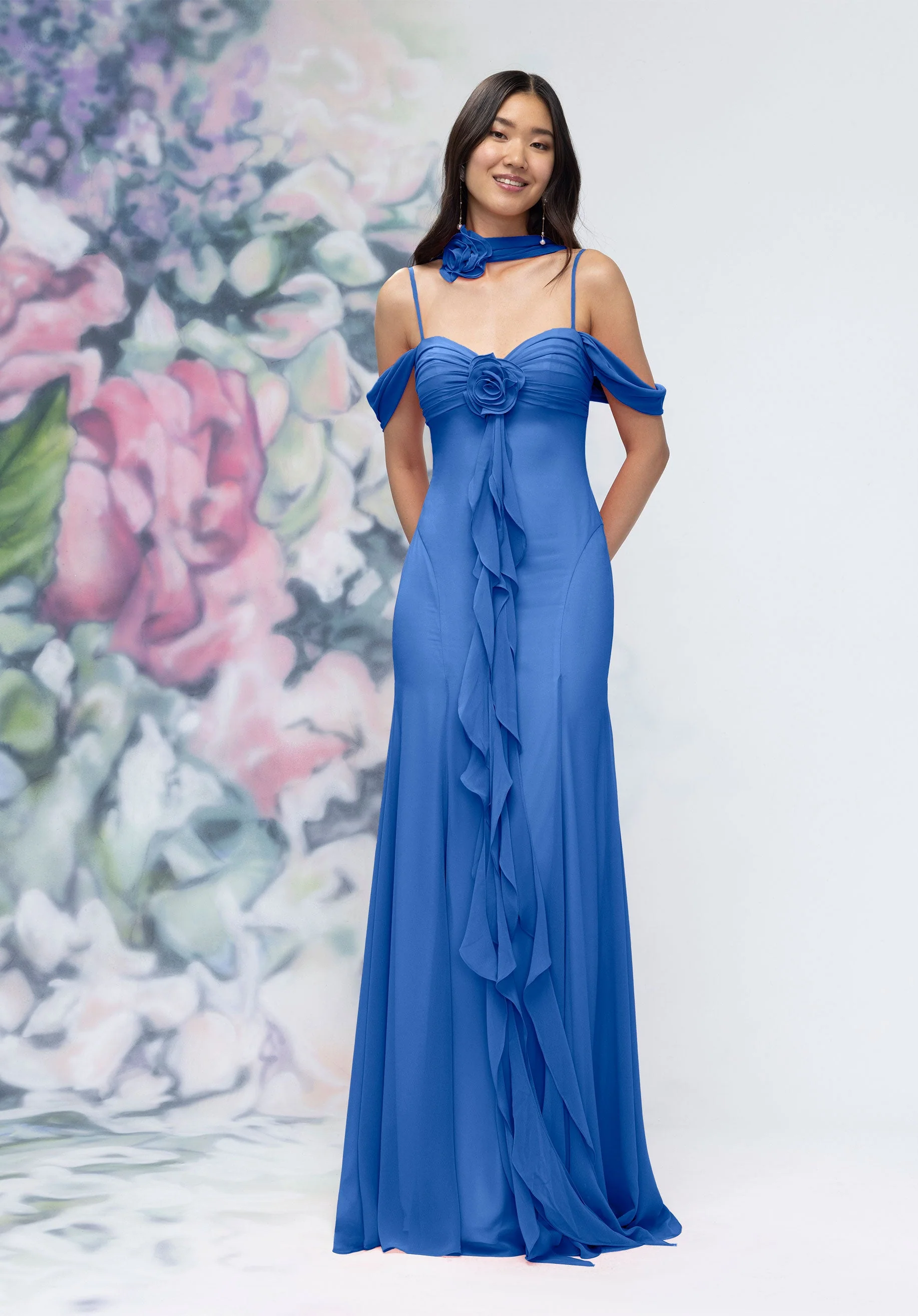 Draped Sweetheart Chiffon Bridesmaid Dress with Cascading Floral Ruffle - Image 10