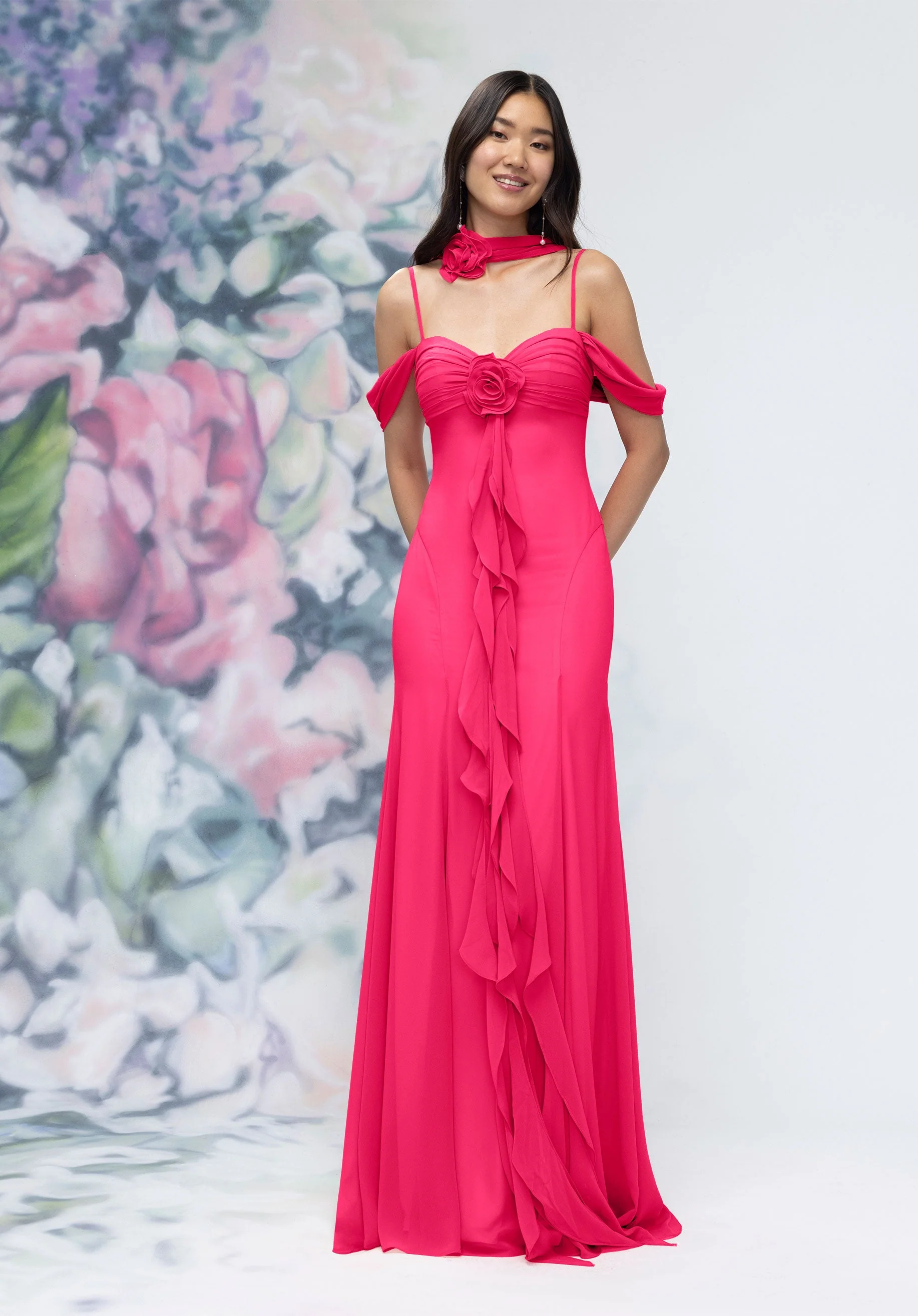 Draped Sweetheart Chiffon Bridesmaid Dress with Cascading Floral Ruffle - Image 11