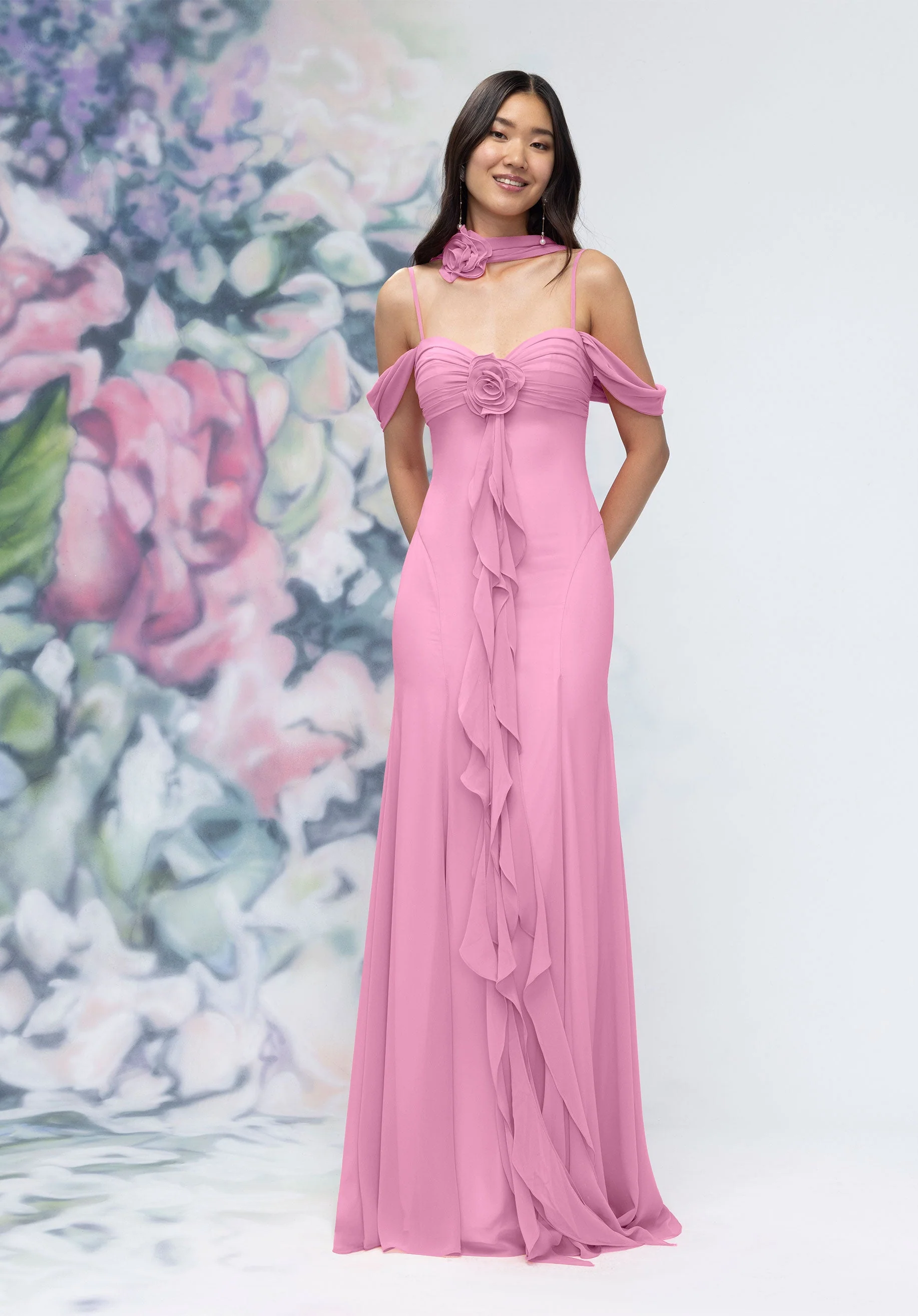 Draped Sweetheart Chiffon Bridesmaid Dress with Cascading Floral Ruffle - Image 13