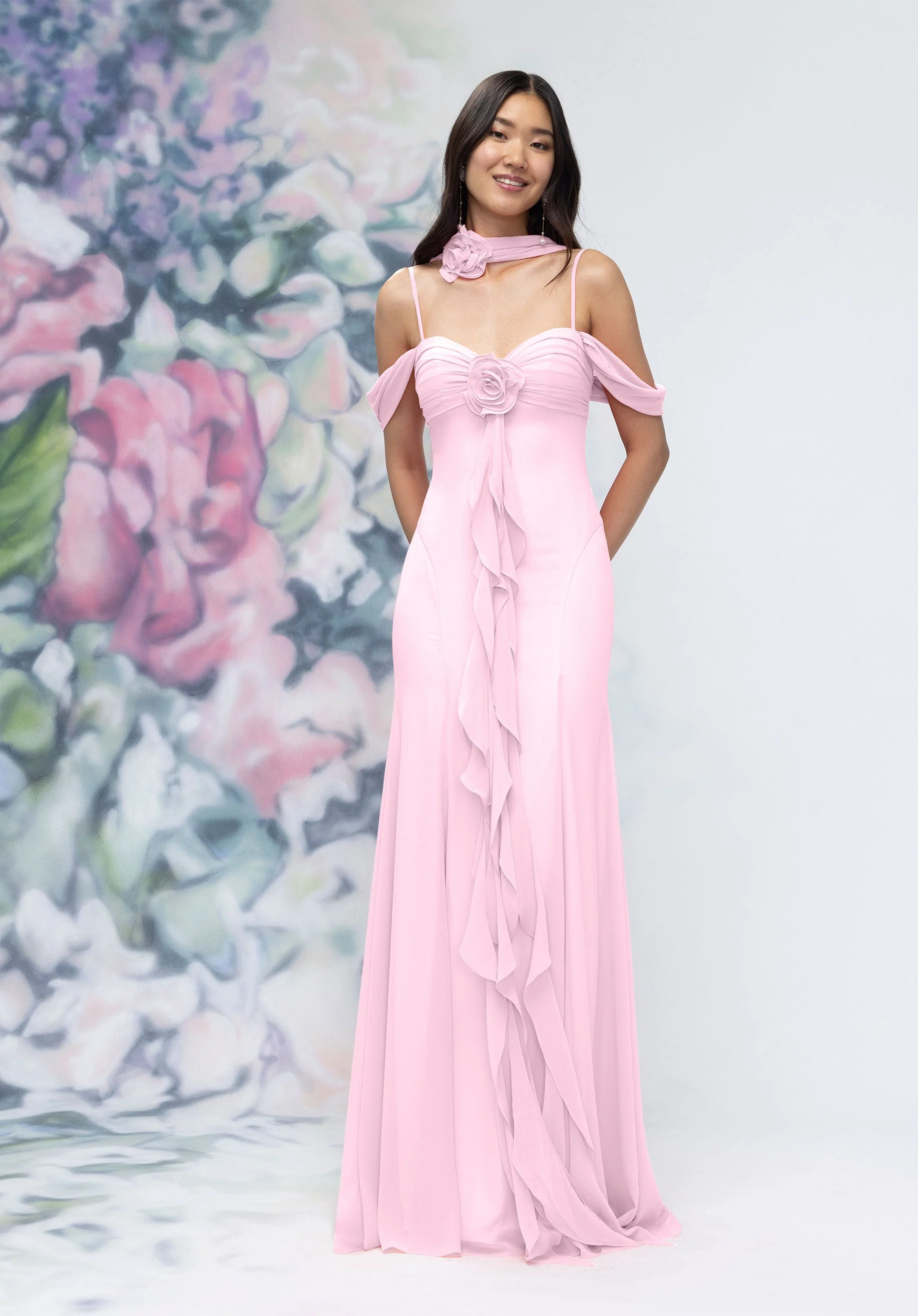Draped Sweetheart Chiffon Bridesmaid Dress with Cascading Floral Ruffle - Image 14