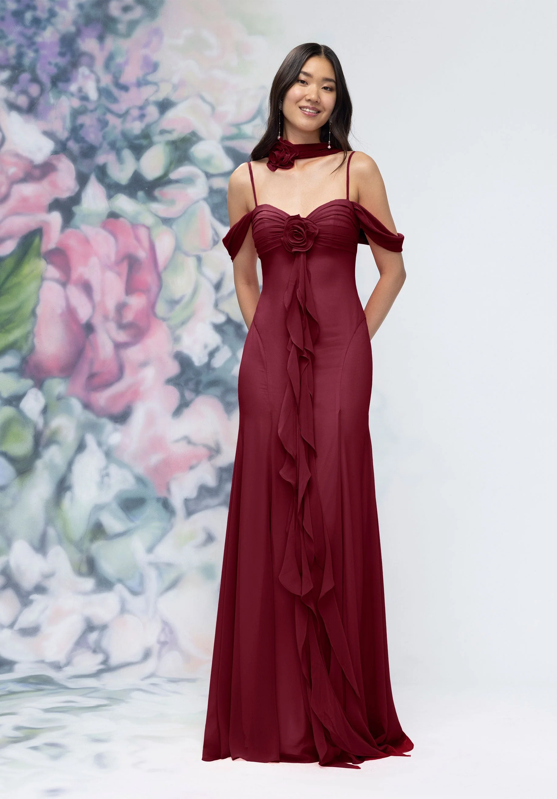 Draped Sweetheart Chiffon Bridesmaid Dress with Cascading Floral Ruffle - Image 16