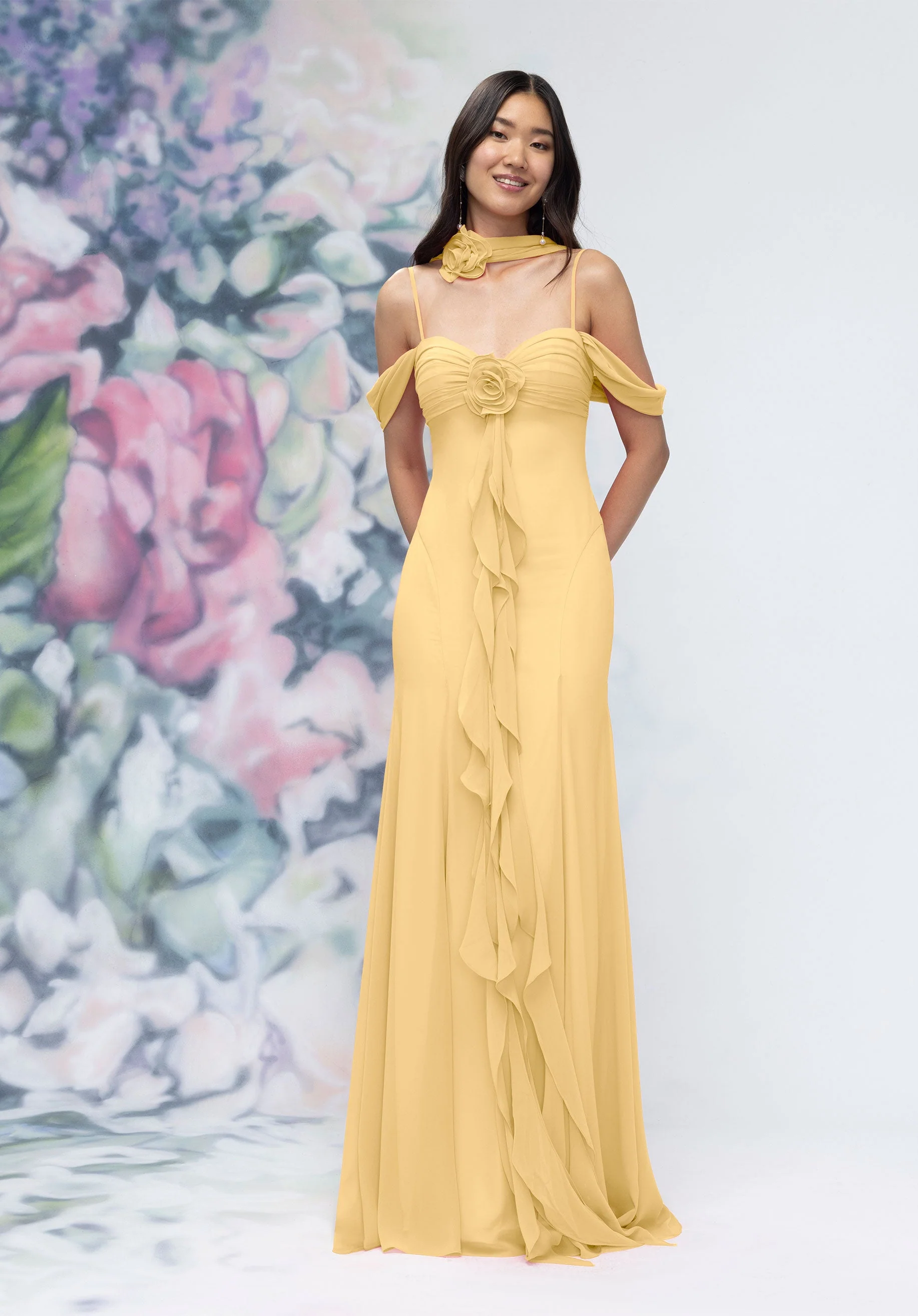 Draped Sweetheart Chiffon Bridesmaid Dress with Cascading Floral Ruffle - Image 18
