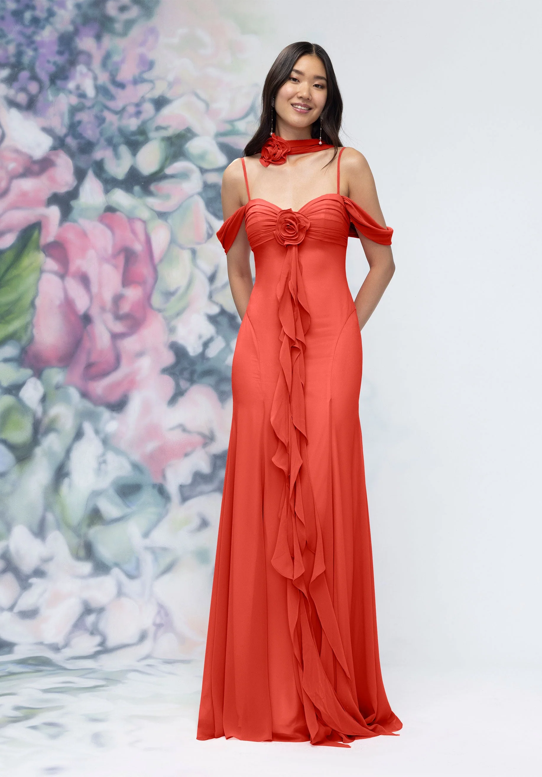 Draped Sweetheart Chiffon Bridesmaid Dress with Cascading Floral Ruffle - Image 22