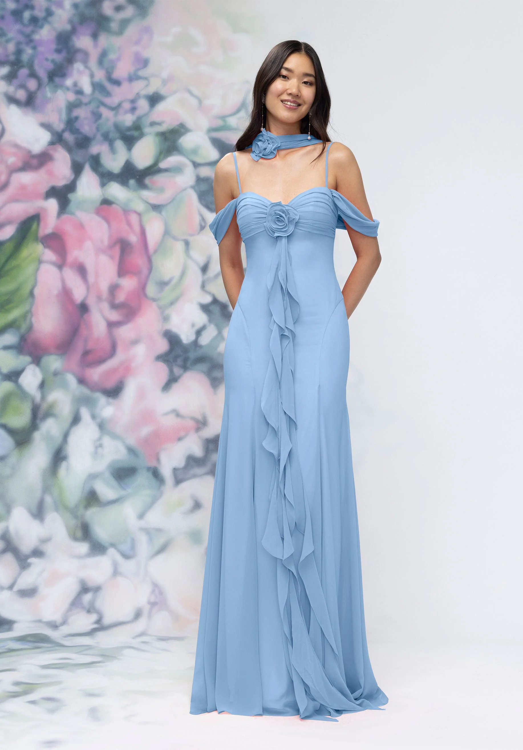 Draped Sweetheart Chiffon Bridesmaid Dress with Cascading Floral Ruffle - Image 24
