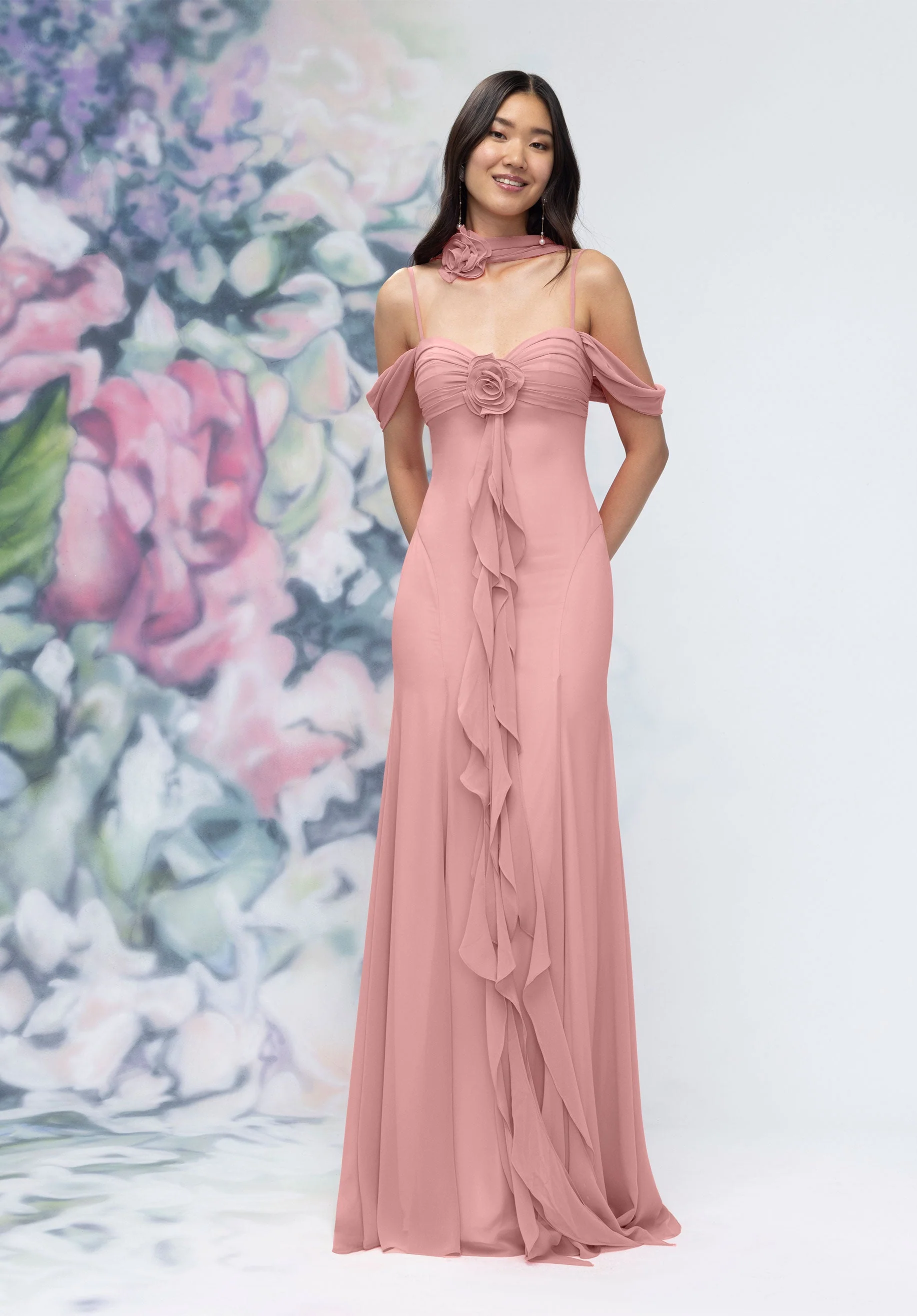 Draped Sweetheart Chiffon Bridesmaid Dress with Cascading Floral Ruffle - Image 26