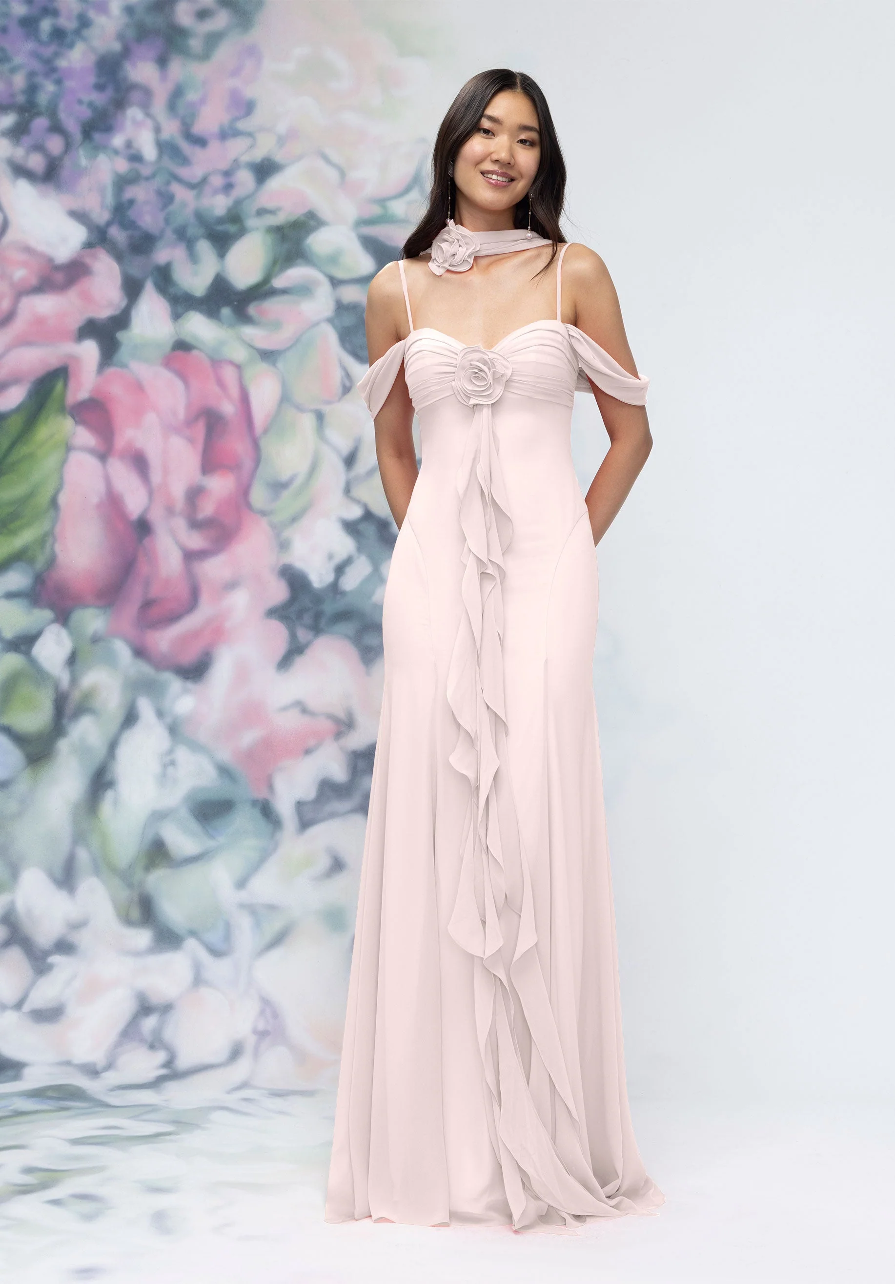 Draped Sweetheart Chiffon Bridesmaid Dress with Cascading Floral Ruffle - Image 27