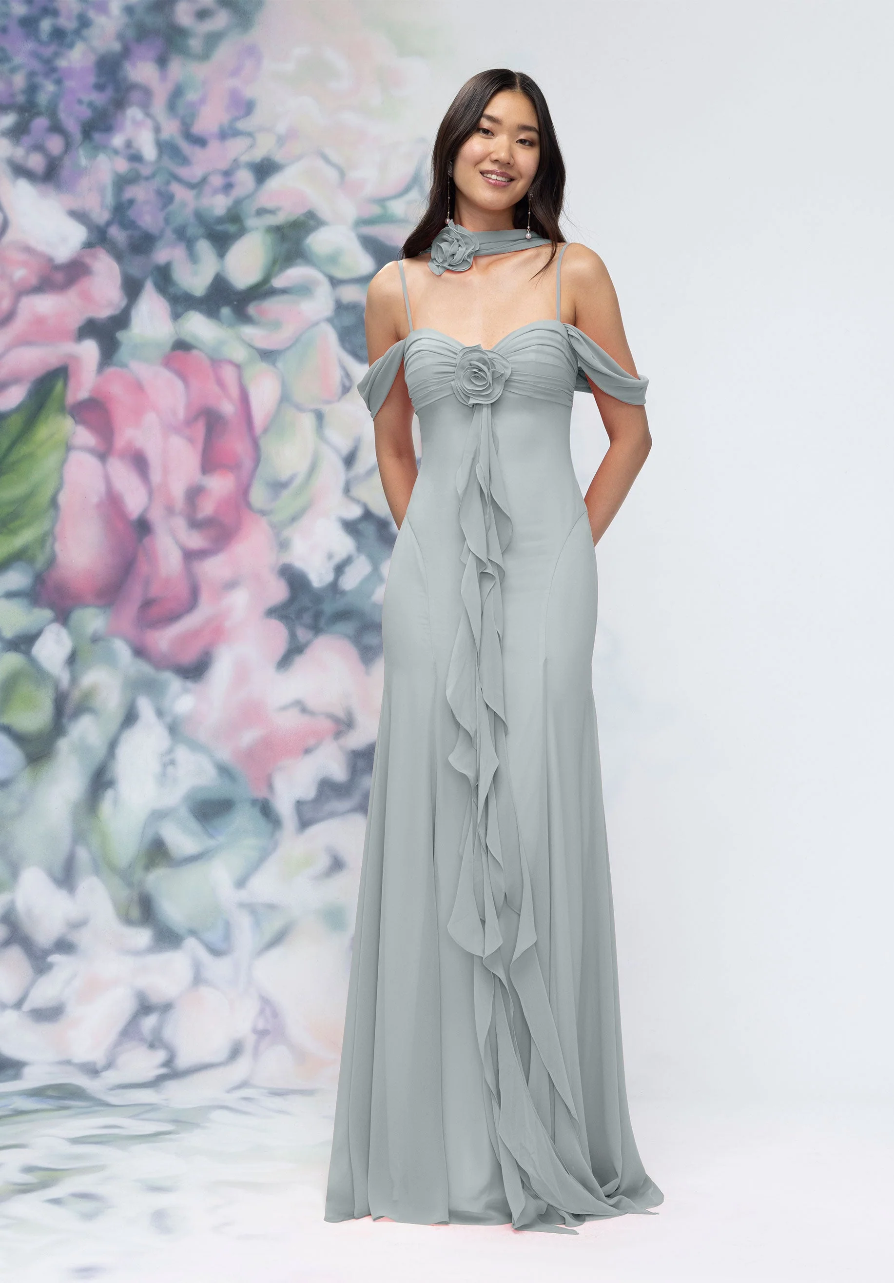 Draped Sweetheart Chiffon Bridesmaid Dress with Cascading Floral Ruffle - Image 28