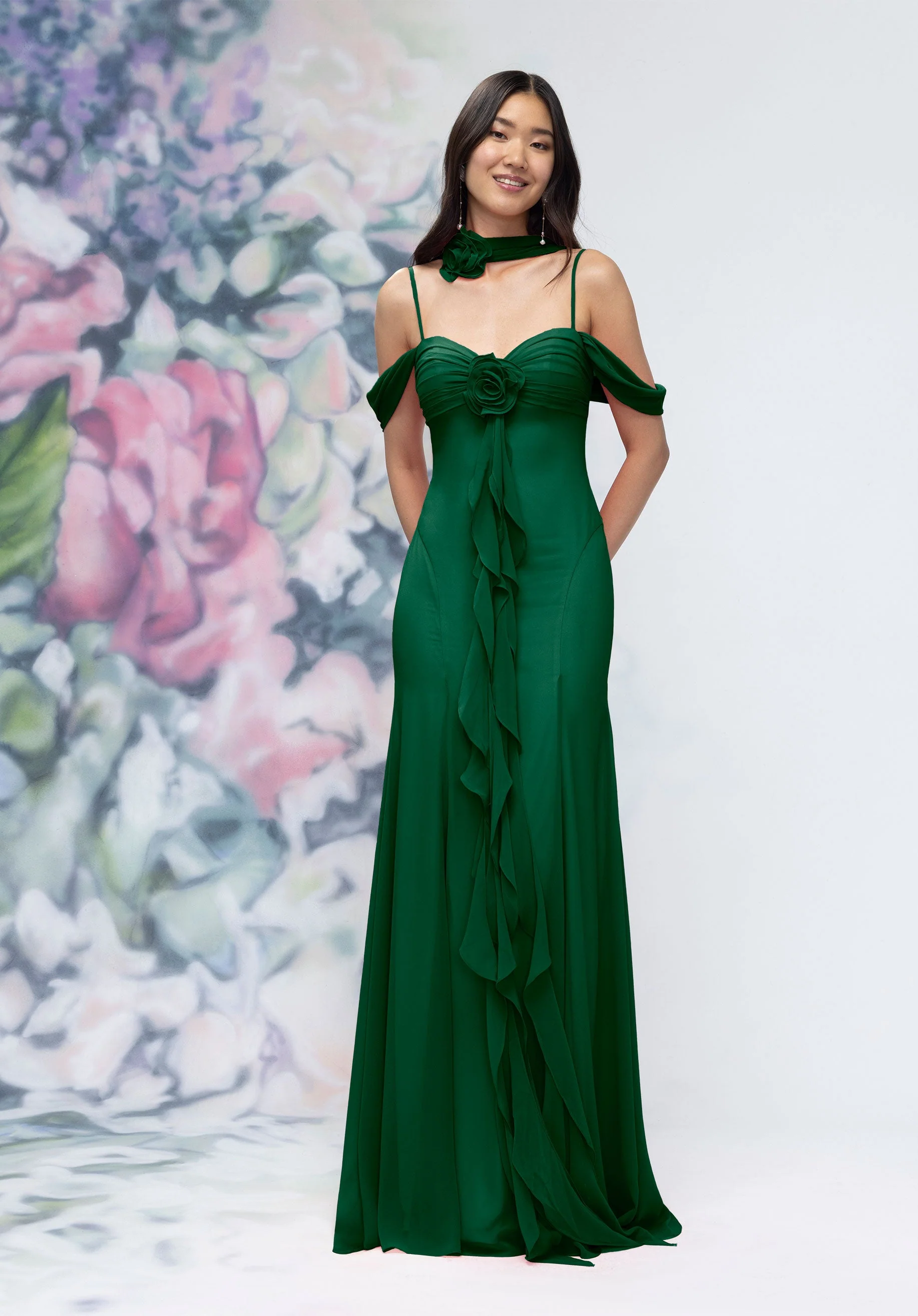 Draped Sweetheart Chiffon Bridesmaid Dress with Cascading Floral Ruffle - Image 31