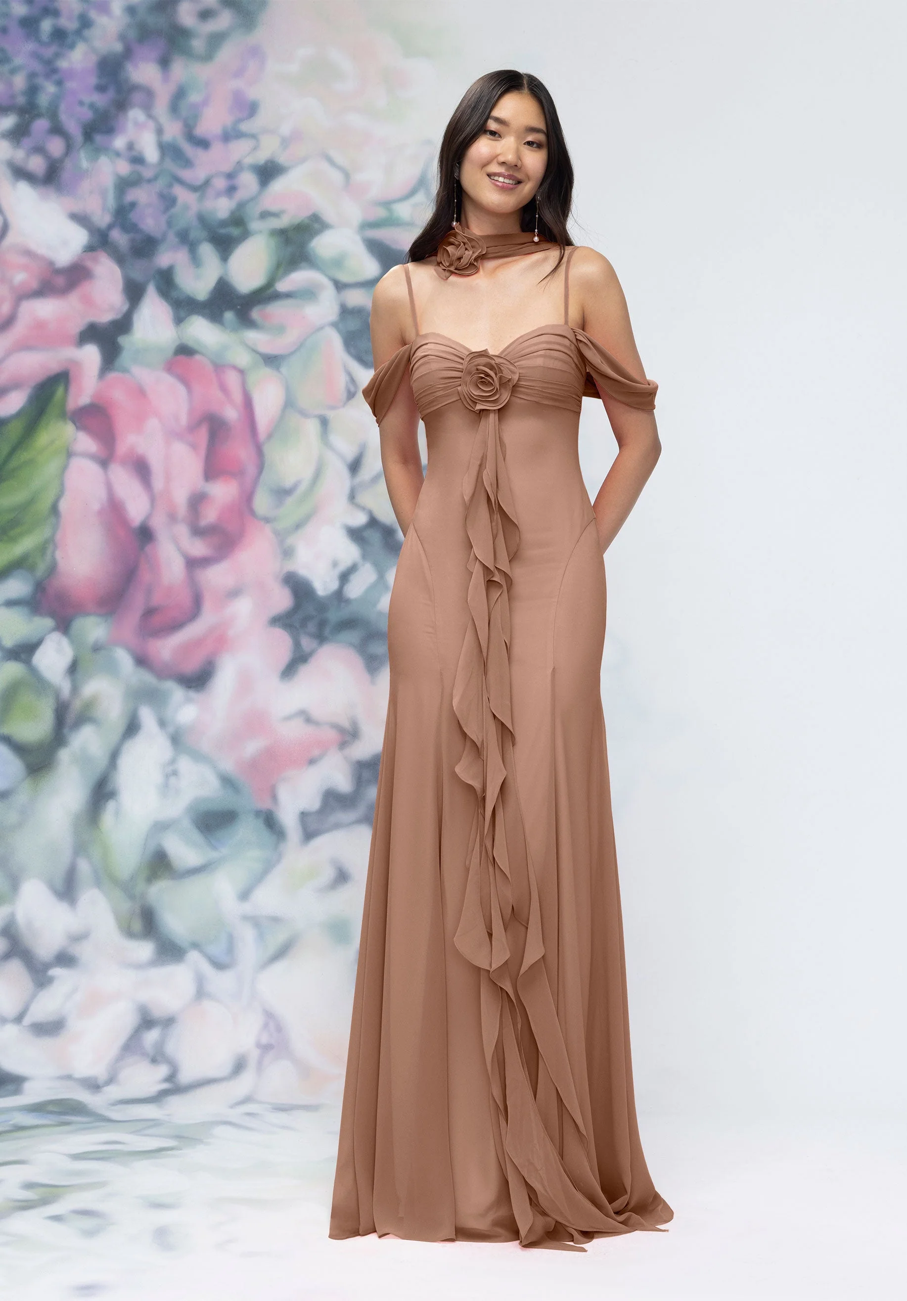 Draped Sweetheart Chiffon Bridesmaid Dress with Cascading Floral Ruffle - Image 32