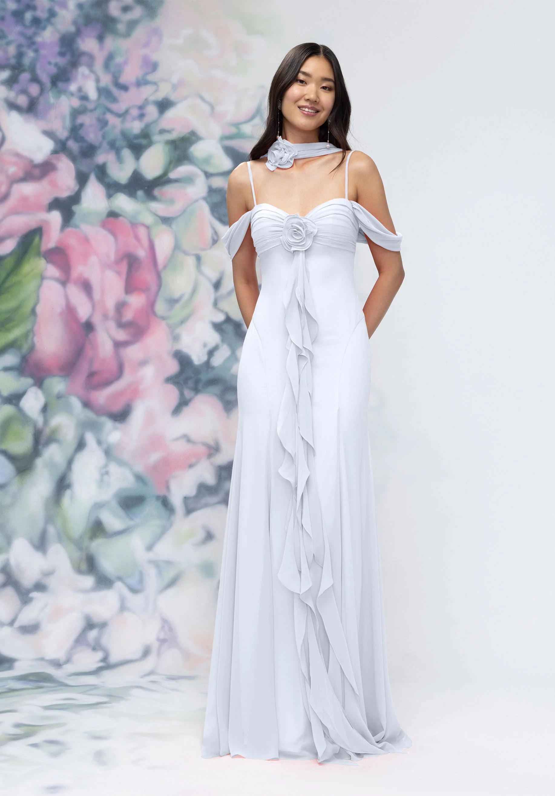 Draped Sweetheart Chiffon Bridesmaid Dress with Cascading Floral Ruffle - Image 33