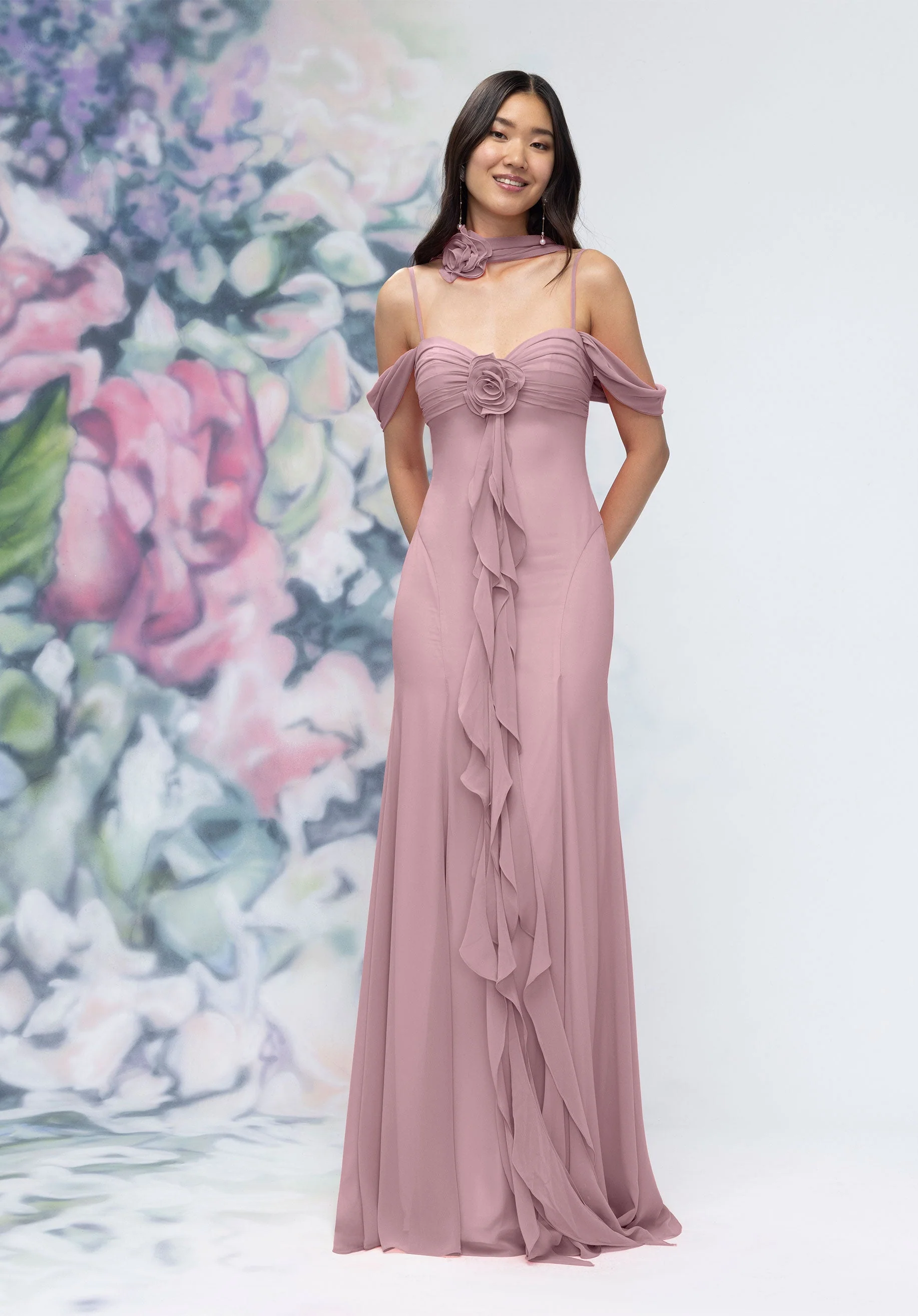 Draped Sweetheart Chiffon Bridesmaid Dress with Cascading Floral Ruffle - Image 34
