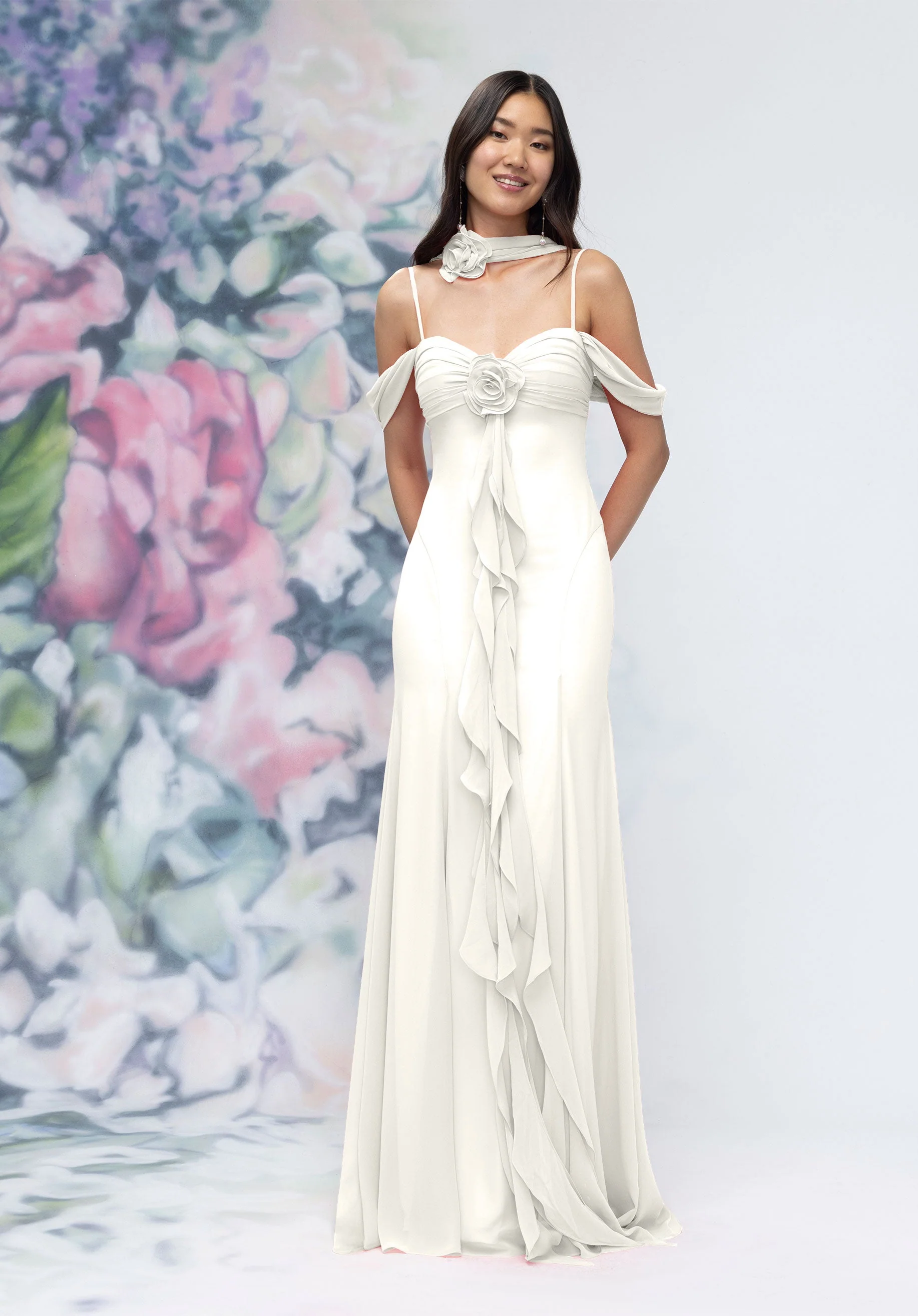 Draped Sweetheart Chiffon Bridesmaid Dress with Cascading Floral Ruffle - Image 36