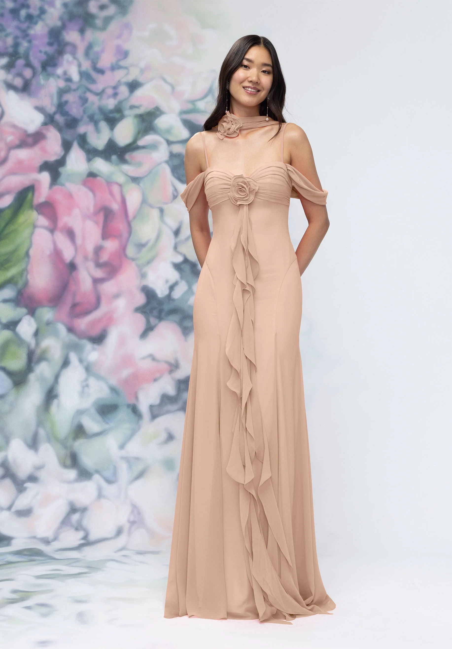 Draped Sweetheart Chiffon Bridesmaid Dress with Cascading Floral Ruffle - Image 37