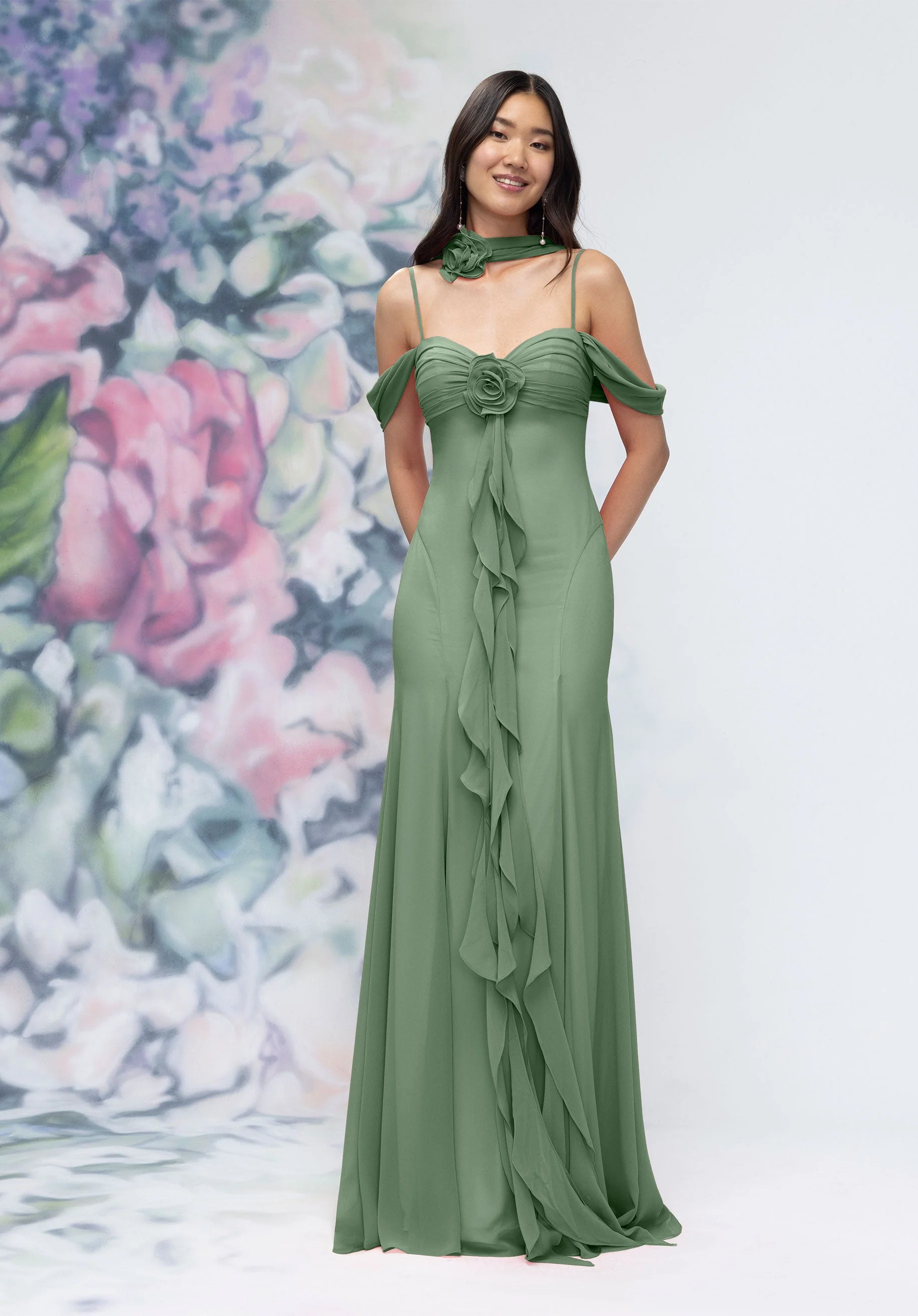 Draped Sweetheart Chiffon Bridesmaid Dress with Cascading Floral Ruffle - Image 40