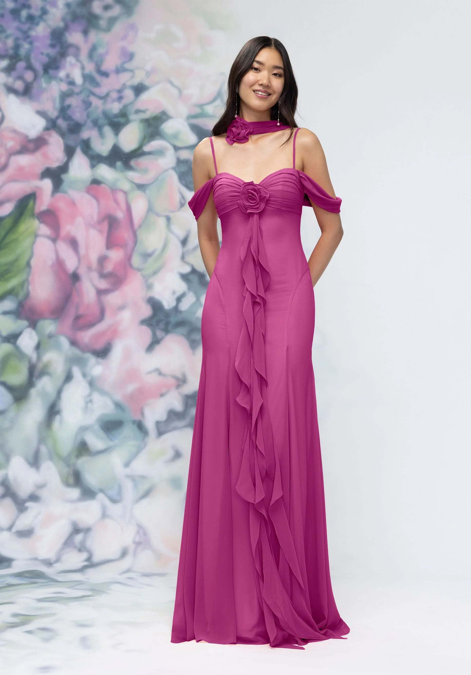 Draped Sweetheart Chiffon Bridesmaid Dress with Cascading Floral Ruffle - Image 41
