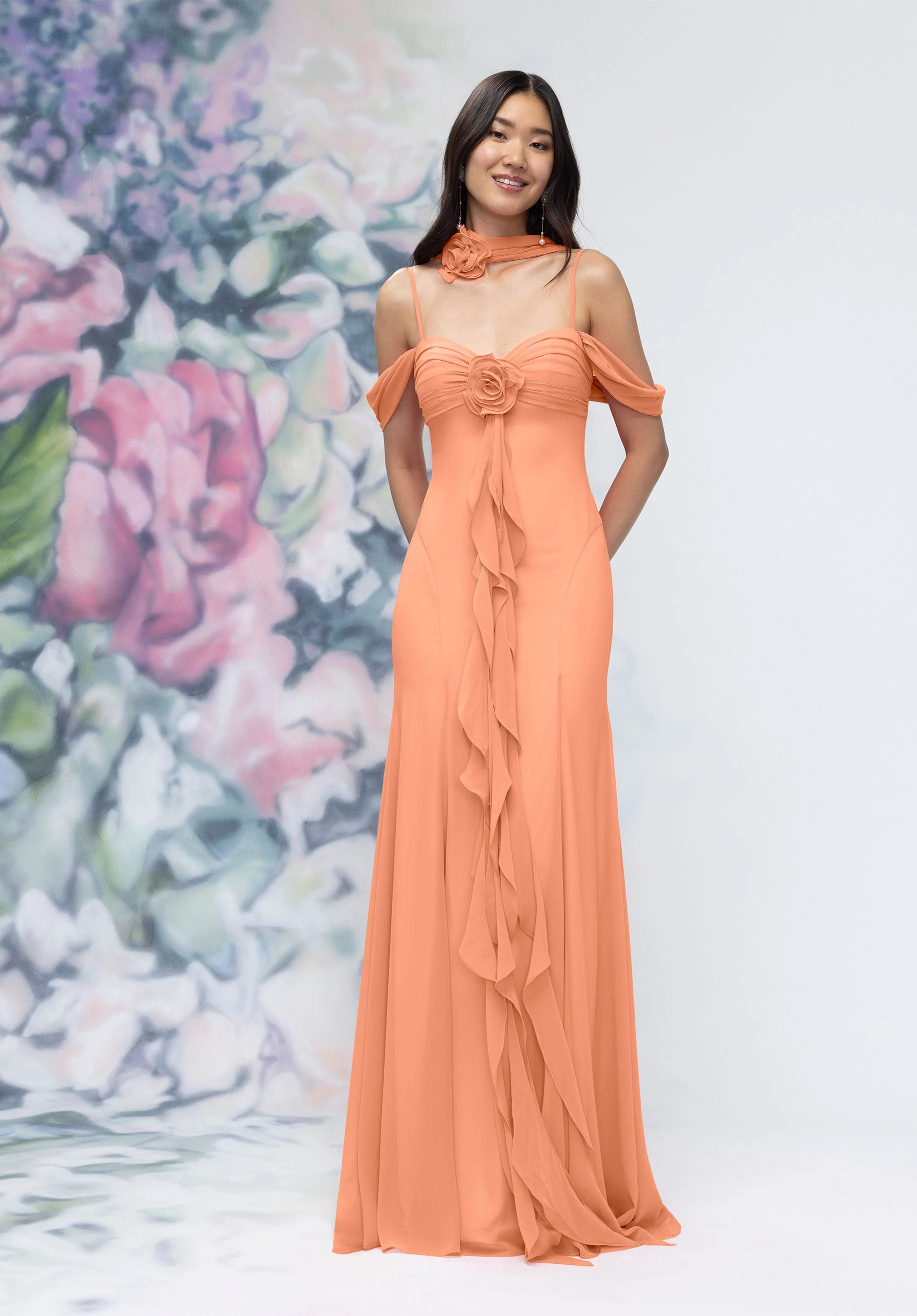 Draped Sweetheart Chiffon Bridesmaid Dress with Cascading Floral Ruffle - Image 43