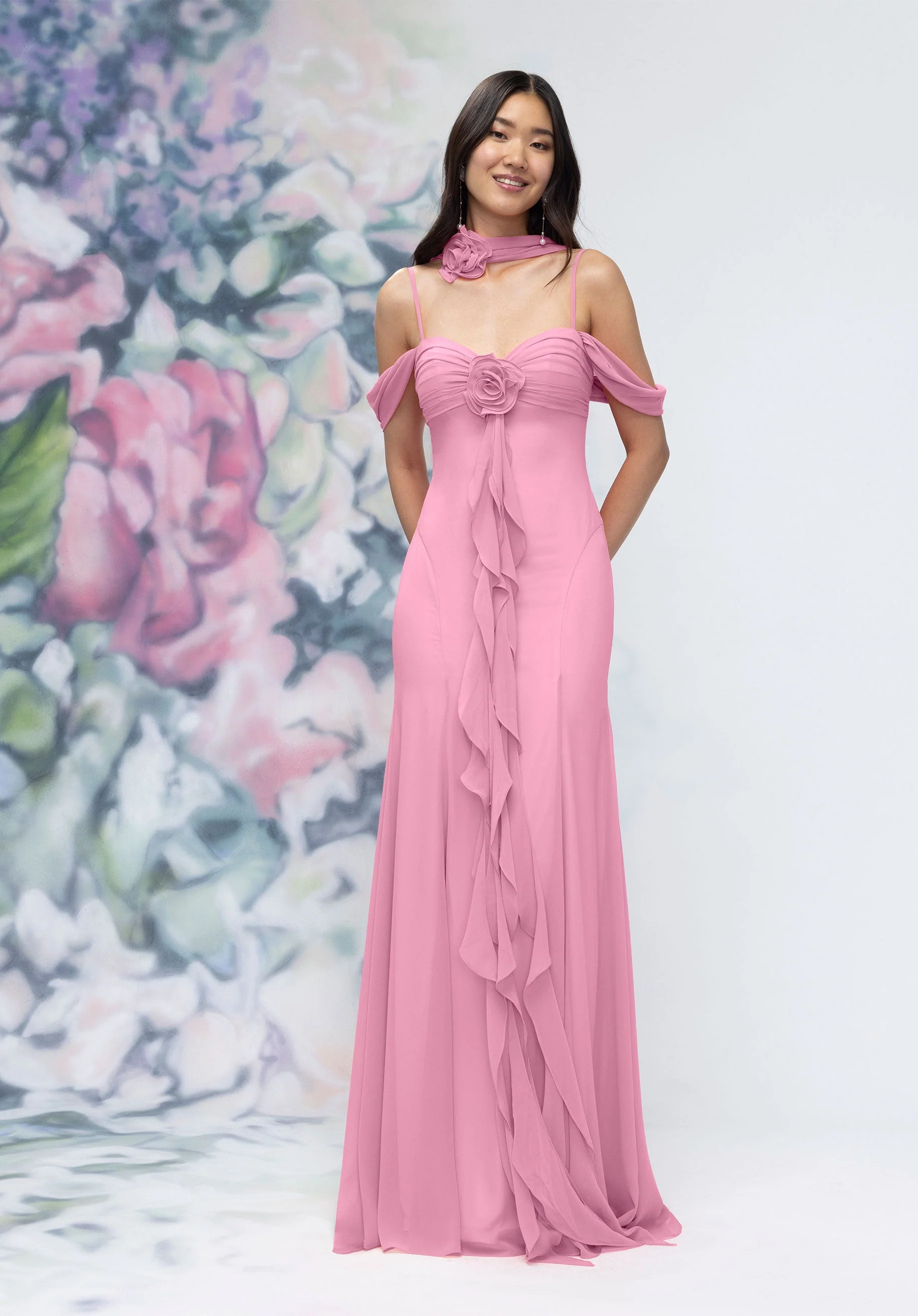Draped Sweetheart Chiffon Bridesmaid Dress with Cascading Floral Ruffle - Image 44