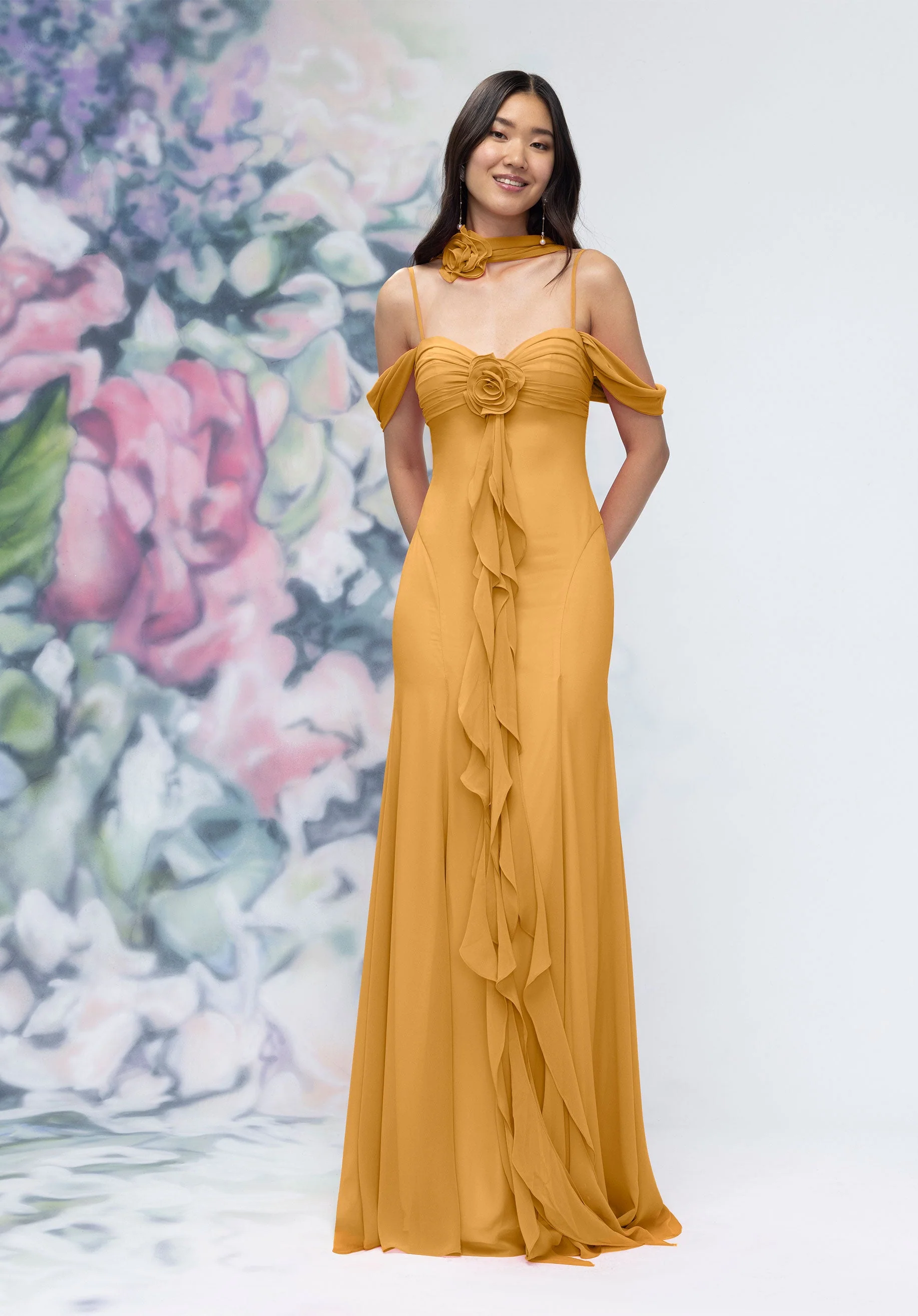 Draped Sweetheart Chiffon Bridesmaid Dress with Cascading Floral Ruffle - Image 48