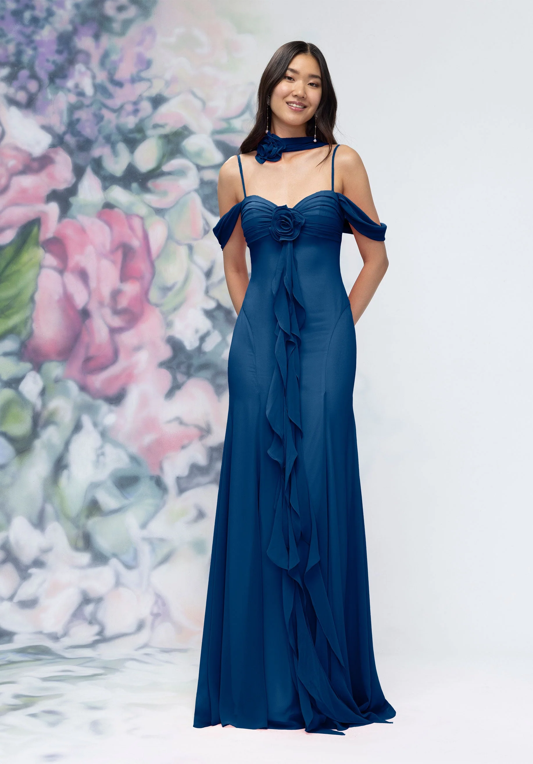 Draped Sweetheart Chiffon Bridesmaid Dress with Cascading Floral Ruffle - Image 49