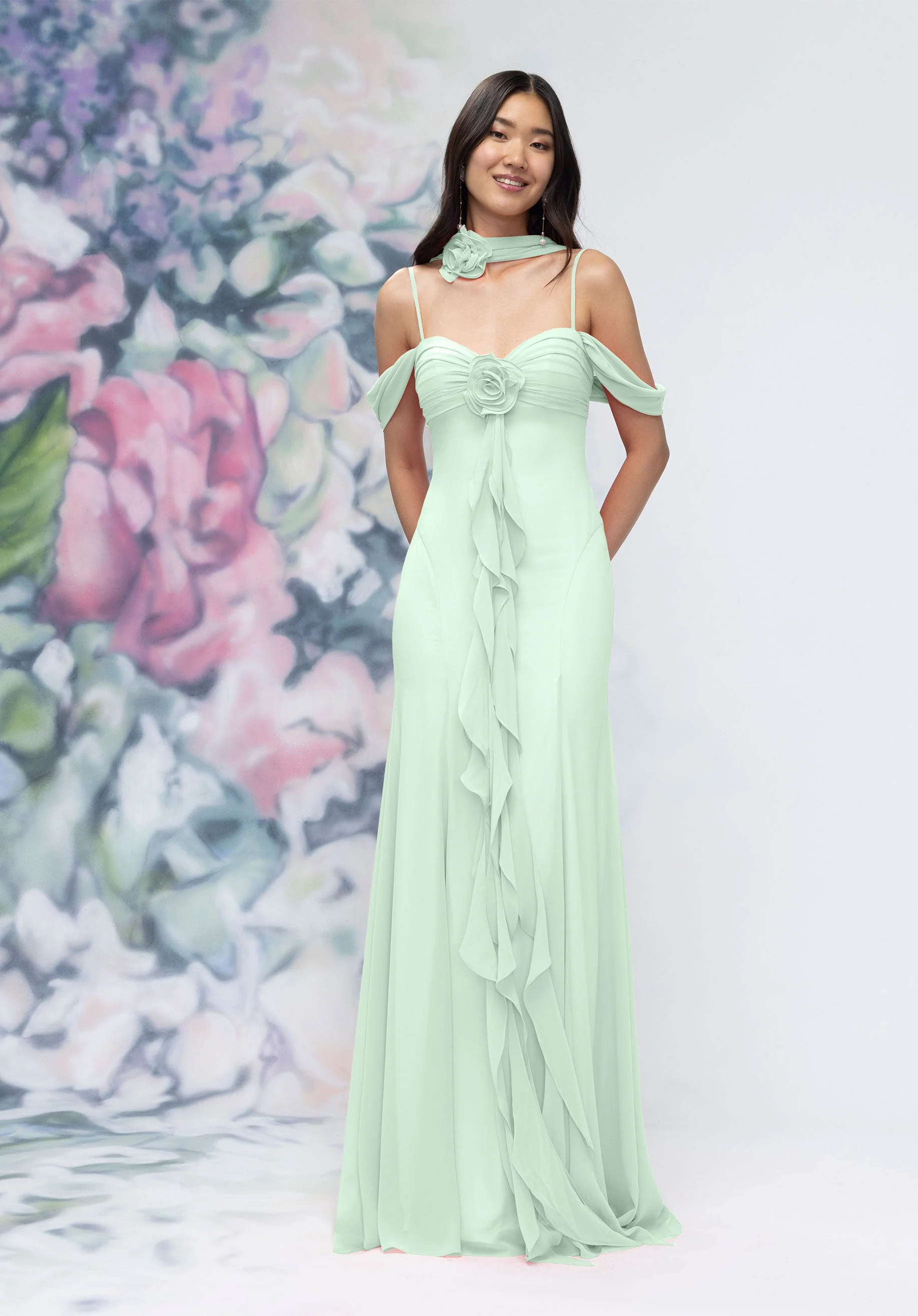 Draped Sweetheart Chiffon Bridesmaid Dress with Cascading Floral Ruffle - Image 50