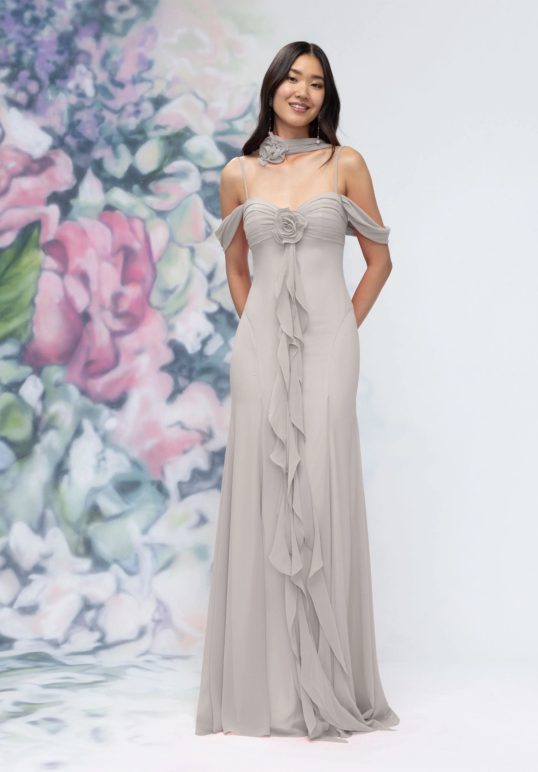 Draped Sweetheart Chiffon Bridesmaid Dress with Cascading Floral Ruffle - Image 51