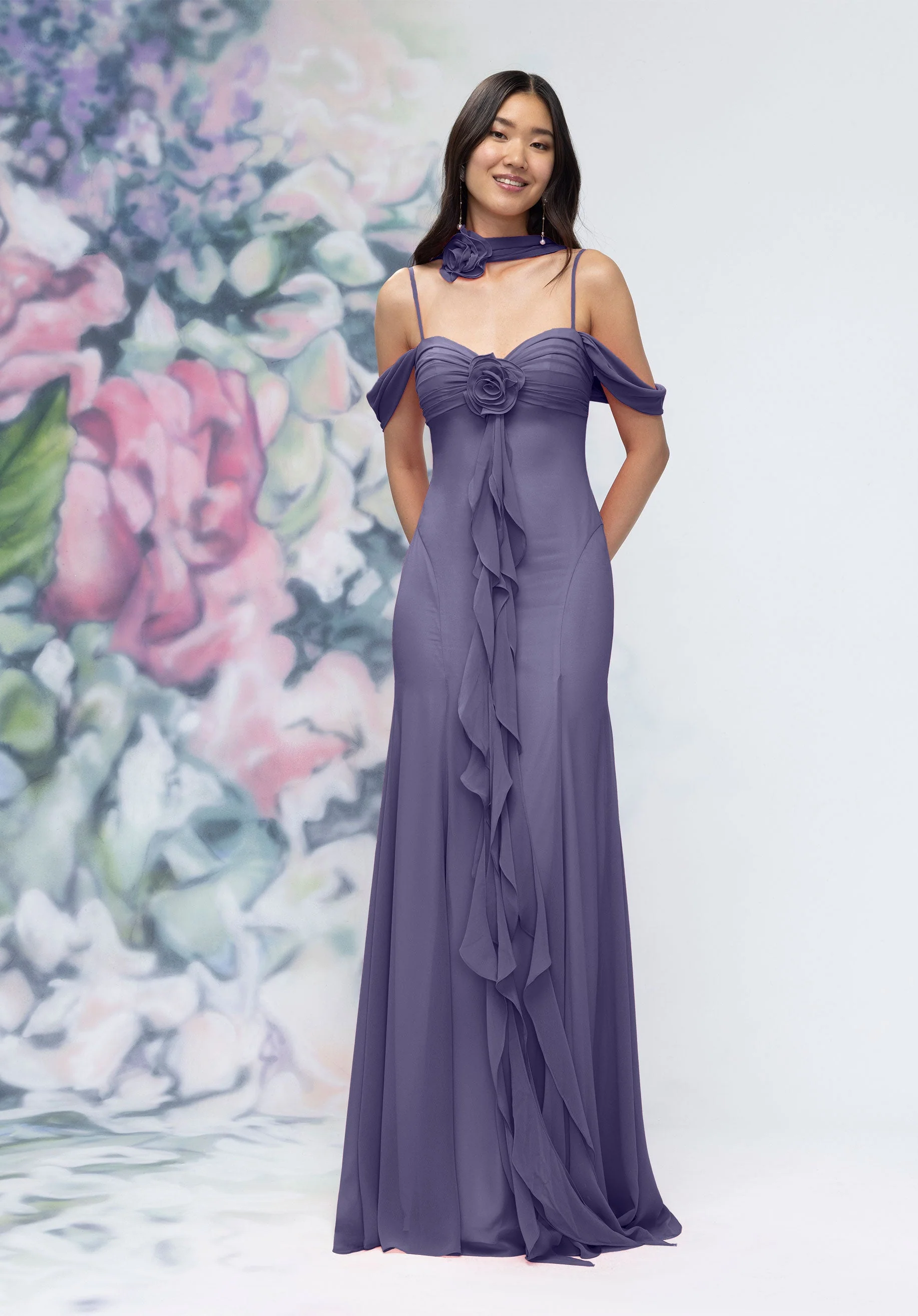 Draped Sweetheart Chiffon Bridesmaid Dress with Cascading Floral Ruffle - Image 56