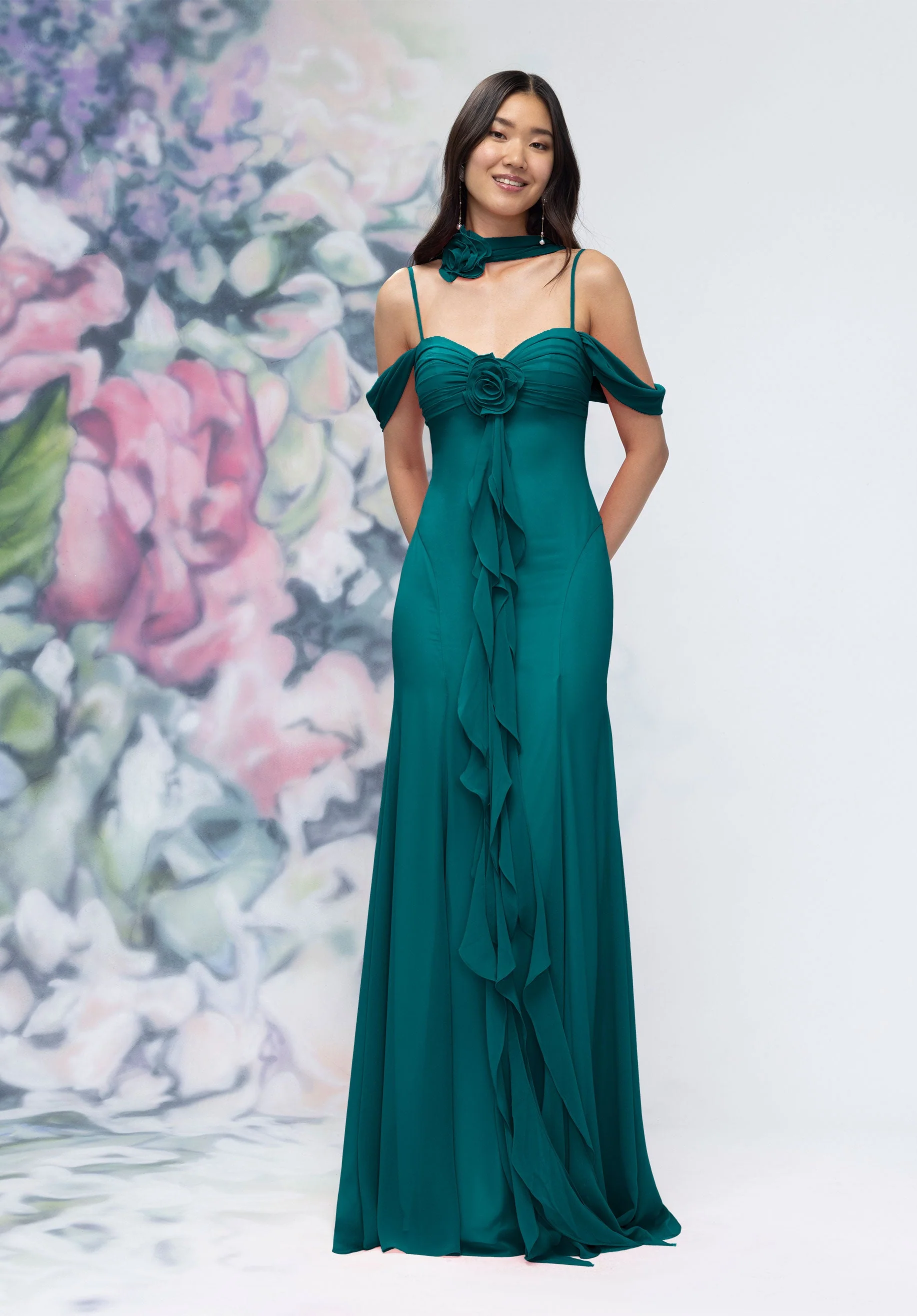 Draped Sweetheart Chiffon Bridesmaid Dress with Cascading Floral Ruffle - Image 57
