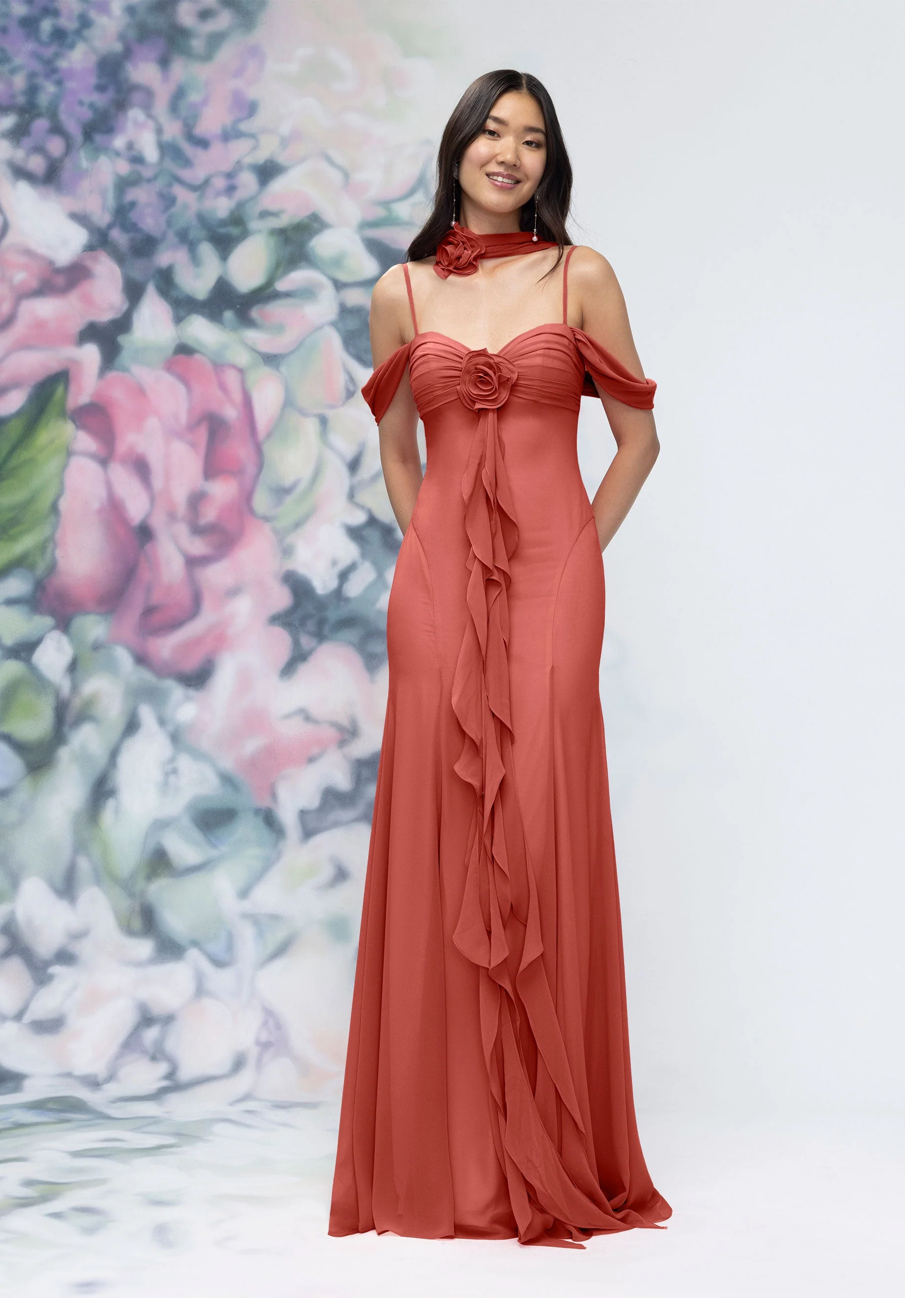 Draped Sweetheart Chiffon Bridesmaid Dress with Cascading Floral Ruffle - Image 58