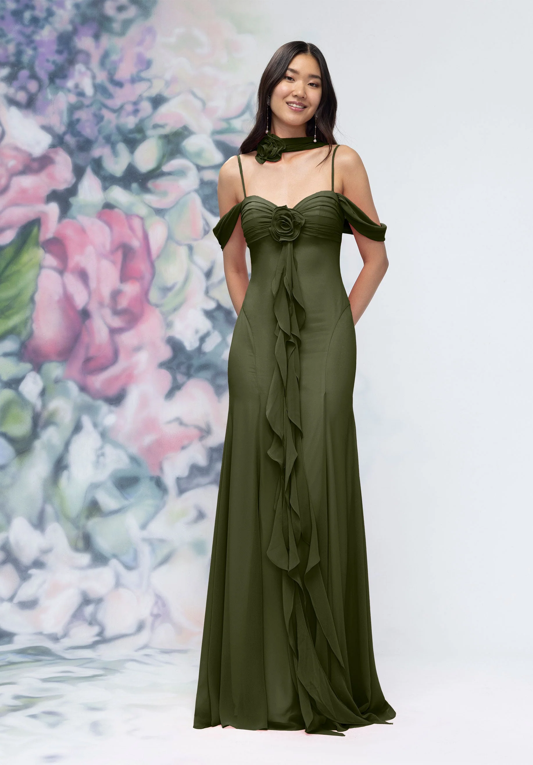 Draped Sweetheart Chiffon Bridesmaid Dress with Cascading Floral Ruffle - Image 59