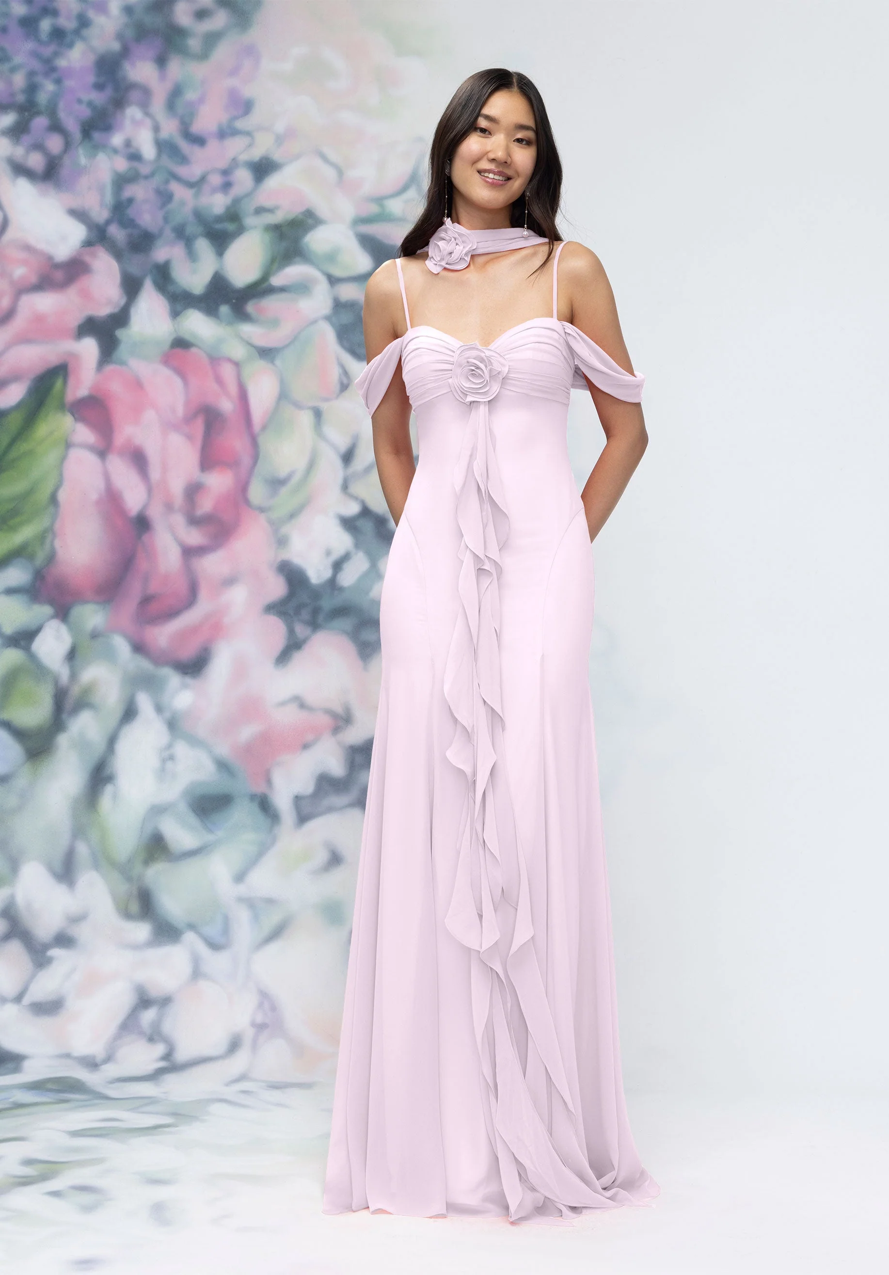 Draped Sweetheart Chiffon Bridesmaid Dress with Cascading Floral Ruffle - Image 62