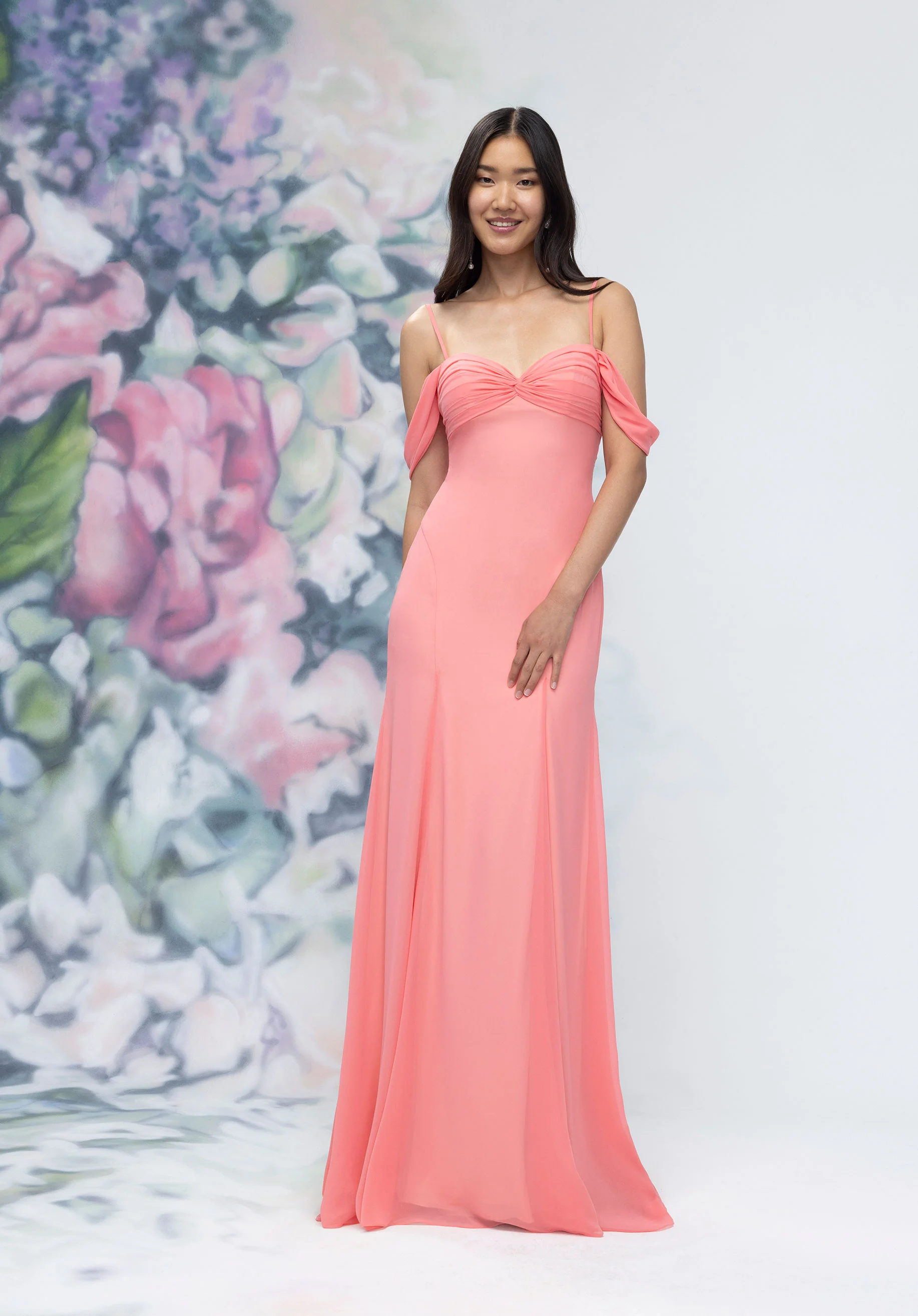 Draped Sweetheart Chiffon Bridesmaid Dress with Cascading Floral Ruffle - Image 8