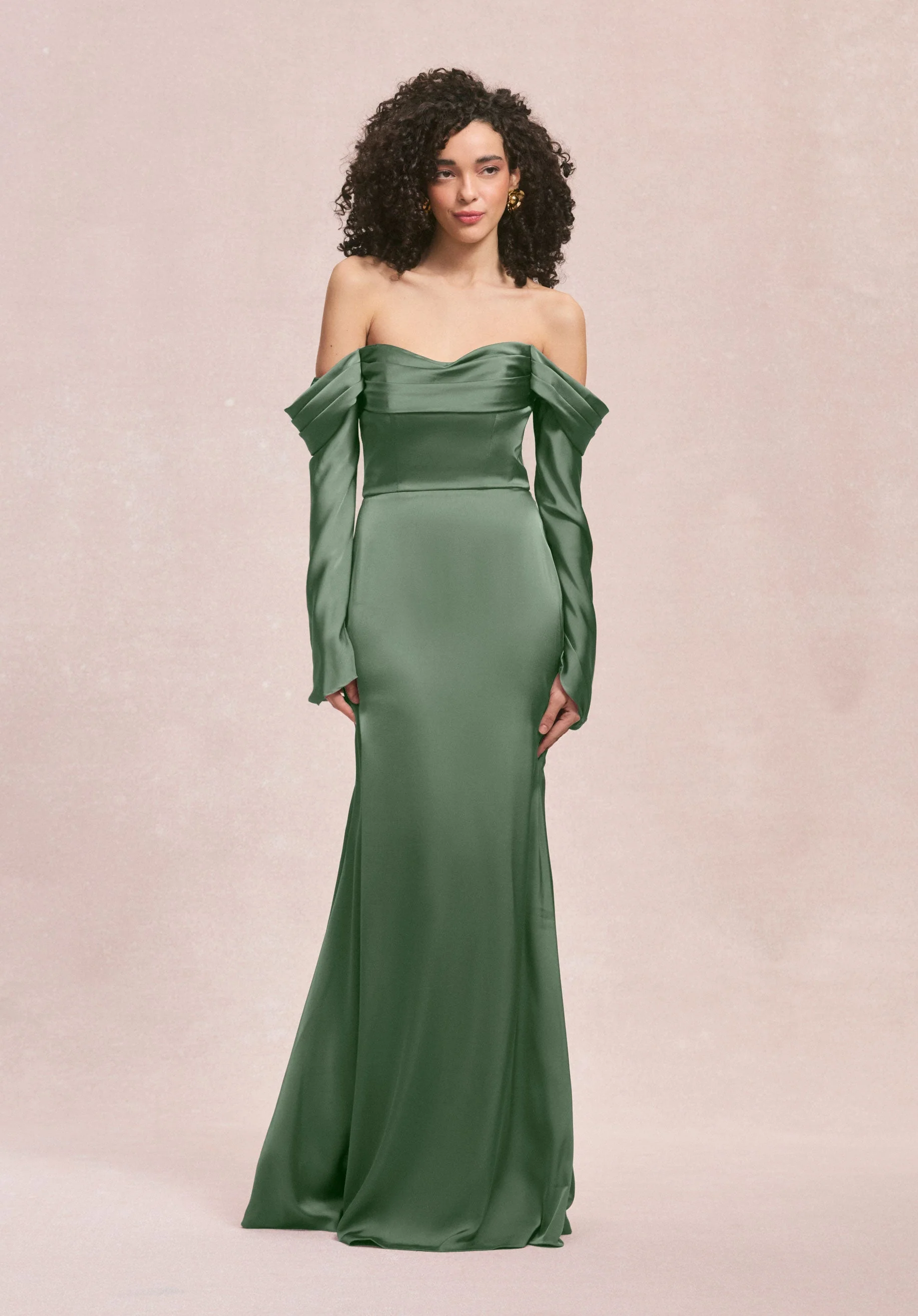 Draped Sweetheart Luxe Satin Bridesmaid Dress with Detachable Long Sleeves - Image 22