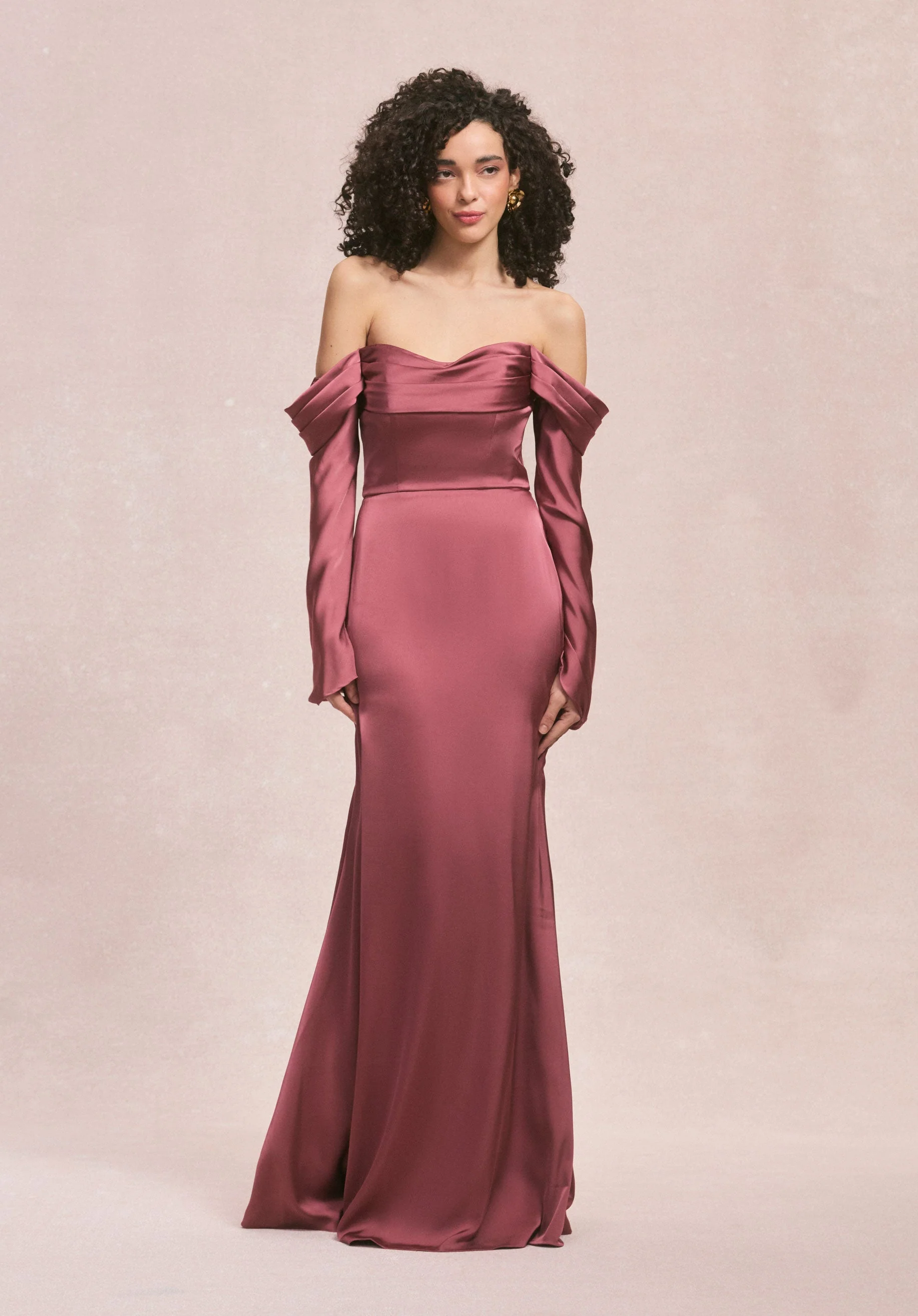 Draped Sweetheart Luxe Satin Bridesmaid Dress with Detachable Long Sleeves - Image 23
