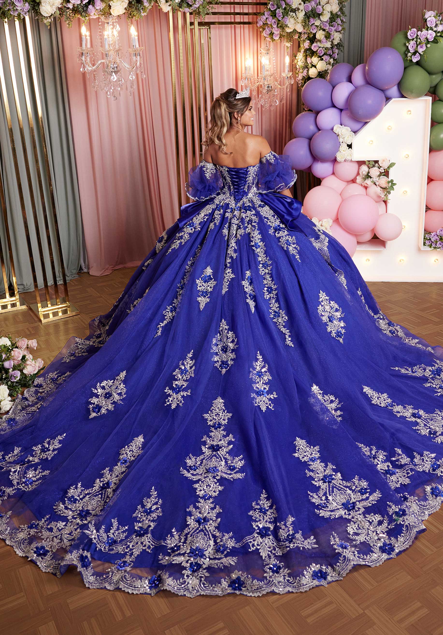 Embellished Appliqué Cat Eye Quinceañera Dress with Peplum Tiered Skirt - Image 10